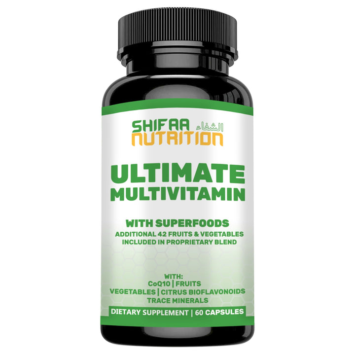 SHIFAA NUTRITION Halal Multivitamins for Women, Men & Adults, 30 Servings | Iron, Vitamin A, B6, B12, Biotin, Niacin, C, D3, E, Zinc, Calcium, Folic Acid, CoQ10 | Halal Vitamins