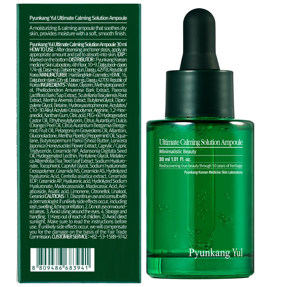 Pyunkang Yul [PKY] Ultimate Calming Solution Ampoule for Sensitive Skin with Patented Ingredients, Serum Intensely Calms & Soothes Redness with Cica & Tea Tree, Korean Skincare (1.01 Fl. Oz, 30ml)