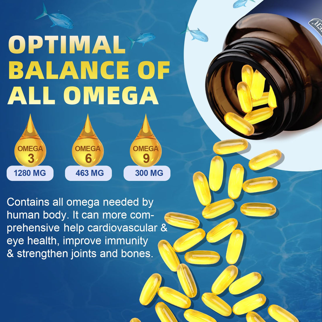 Triple Omega 3-6-9 Fish Oil 2000mg with Vitamin E - EPA & DHA Fatty Acids Supplement - Supports Heart, Brain, Eye, Joint, Skin & Immune Health - Includes Flaxseed & Borage, Non-GMO, 120 Softgels