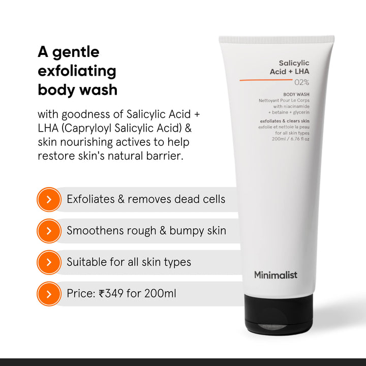 Minimalist 2% Salicylic Acid Body Wash | Acne Body Wash for Exfoliating, Excess Sweat, Rough & Bumpy Skin | Sulphate (SLS), Dye, & Fragrance Free | Shower Gel For Women & Men | 6.76 Fl Oz / 200 ml