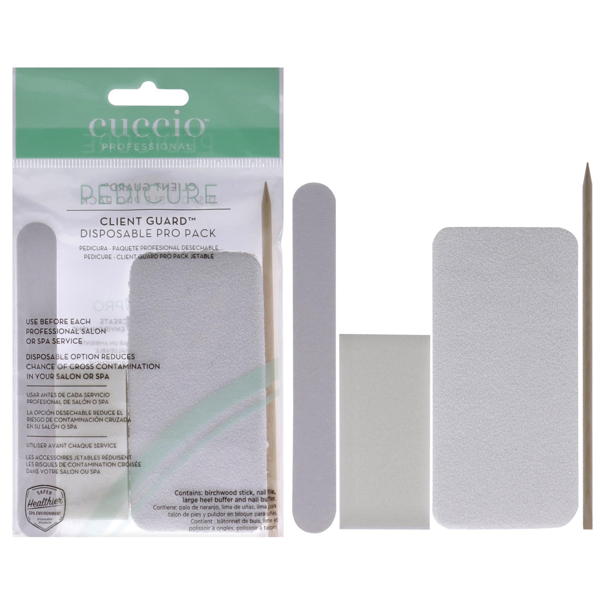 Cuccio - Pedicure Client Guard Disposable Pro Pack - for Women - Birchwood Stick, Nail File, Large Heel Buffer, Nail Buffer - 4 Pc