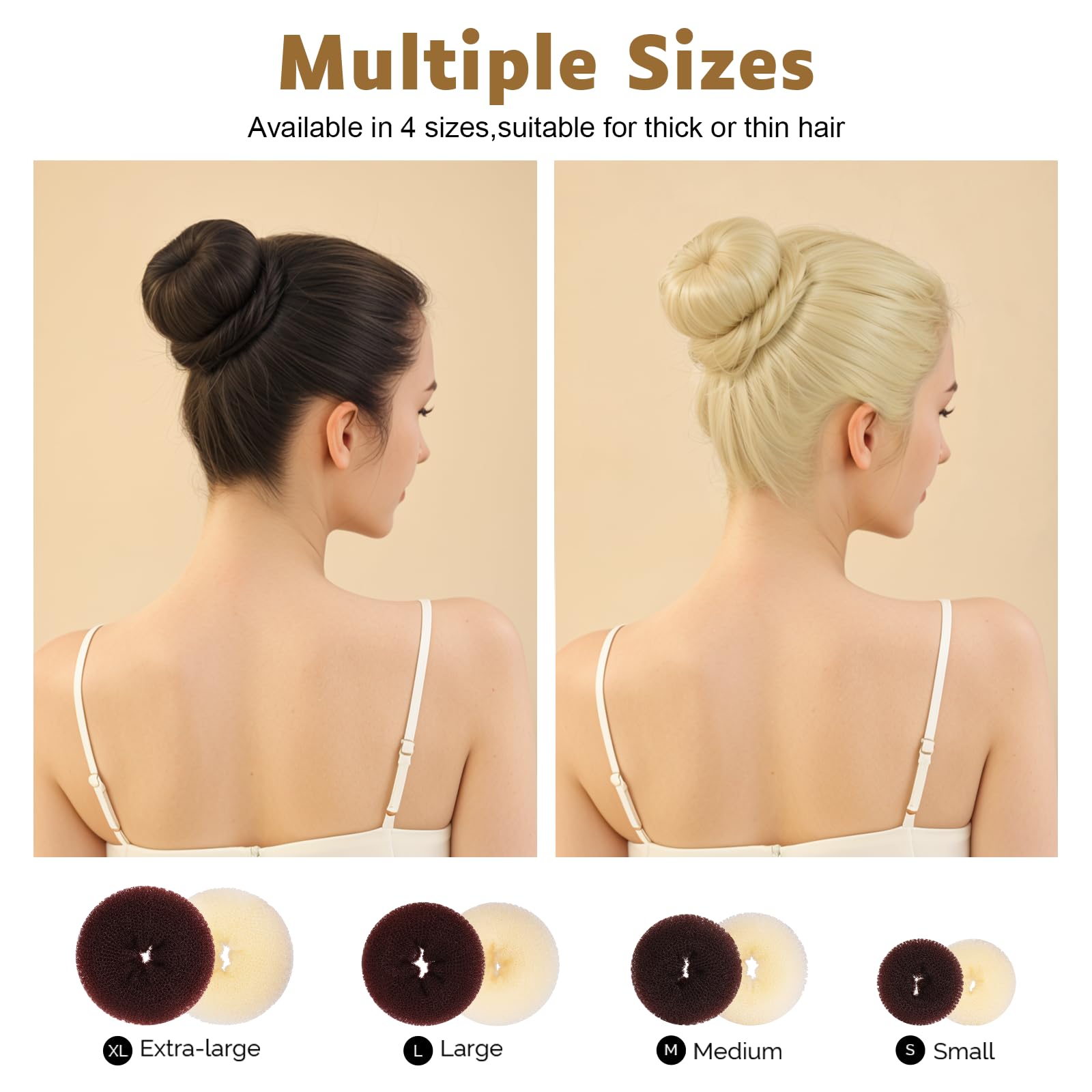 Hair Bun Maker Set, FANDAMEI Donut Bun Maker Set With 4pcs Dark Brown &4pcs Beige(2 extra-large,2 large,2 medium and 2 small), 5 pieces Hair Elastic Bands, 40 pieces Hair Bobby Pins (Brown and Gold)