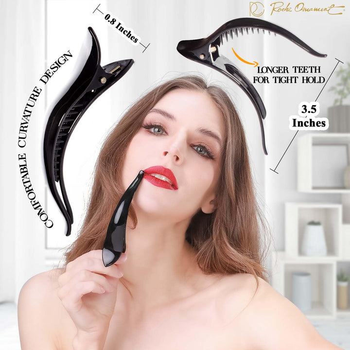 RC ROCHE ORNAMENT 6 Pcs Womens Hair Clip Professional Styling Sectioning Inner Teeth Curve Durable Alligator Duck Bill Jaw Strong Secure Grip Salon, Small Black