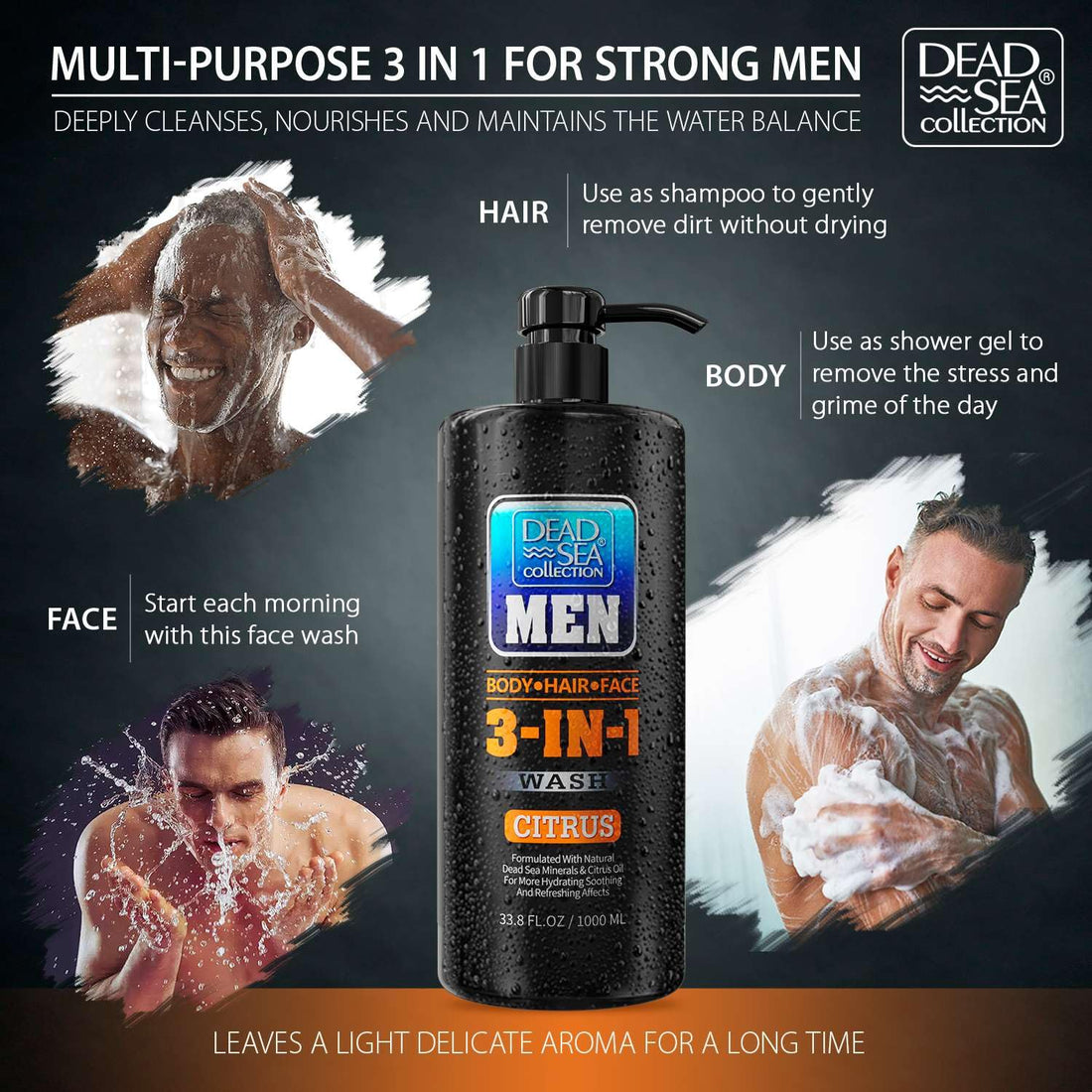 Dead Sea Collection Mens Body Wash 3 in 1 – Citrus Body Wash for Men – Shower Gel – Shampoo – Shower Soap for Face and Hair – Pack of 2 Bottles (33.8 Fl. Oz. Each)