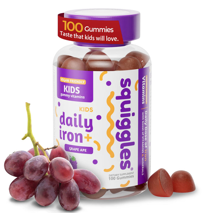 Squiggles Kids Daily Iron+ Gummies - Gummy Vitamin, Low Sugar, Boost of Vitamins, Minerals and Iron, Vegan Supplement, Chewy, Yummy Grape Flavor, 100 Count