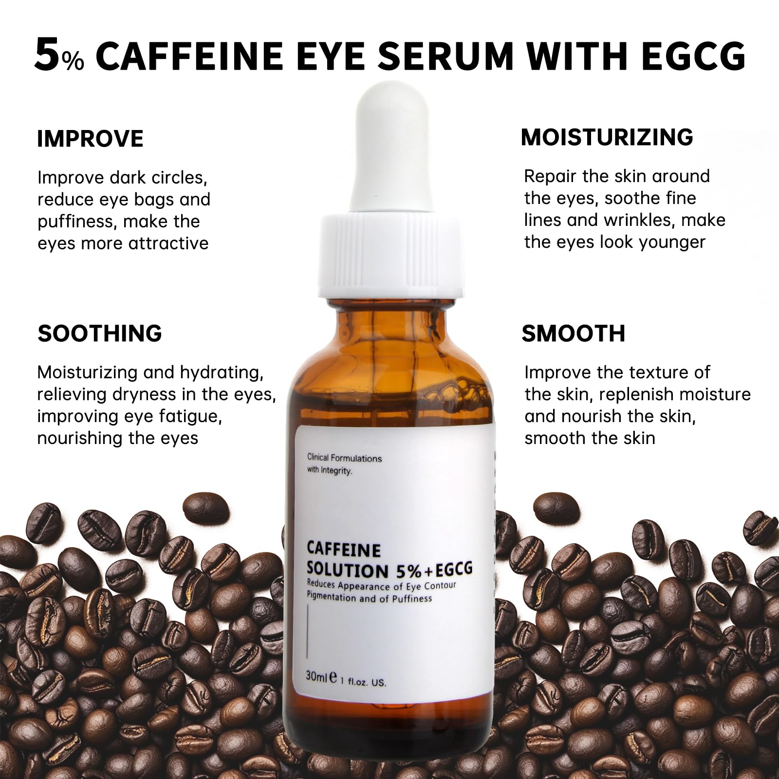 Caffeine Eye Serum With EGCG For Dark Circles and Puffiness, 30ML Anti Aging 5% Caffeine Solution For Puffy Eyes, Fine Lines, Moisturizing Under Eye Serum.