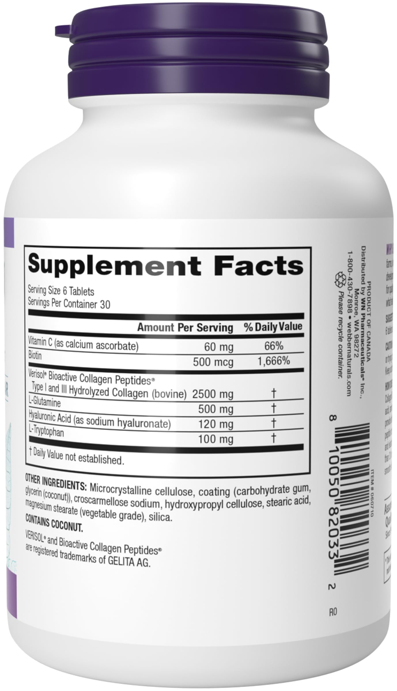 Webber Naturals Collagen30 with Hyaluronic Acid, Bioactive Collagen Peptides, 180 Tablets, Helps Reduce Eye Wrinkles and Fine Facial Line, Non GMO
