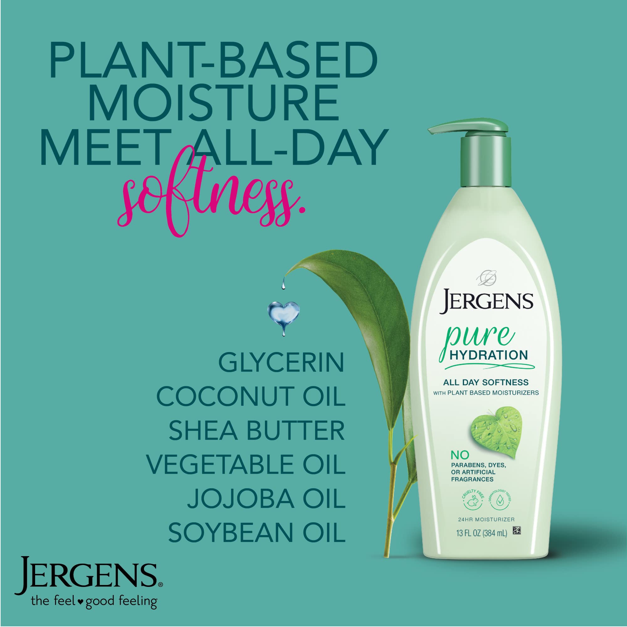 Jergens Pure Hydration Body Lotion, Plant Based Moisturizer Hydrates Dry to Extra Dry Skin, Paraben and Cruelty Free, Fragrance Free Formula, 24hr Hydration, 13 Oz