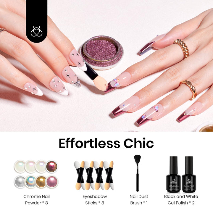 Beetles Metallic Chrome Nail Powder Kit Black White Colors Gel Polish Mirror Effect Holographic Metallic Nail Polish Chrome Manicure Art Decoration Glitter Nail Powder 8 Colors 1g or 0.5g/Jar