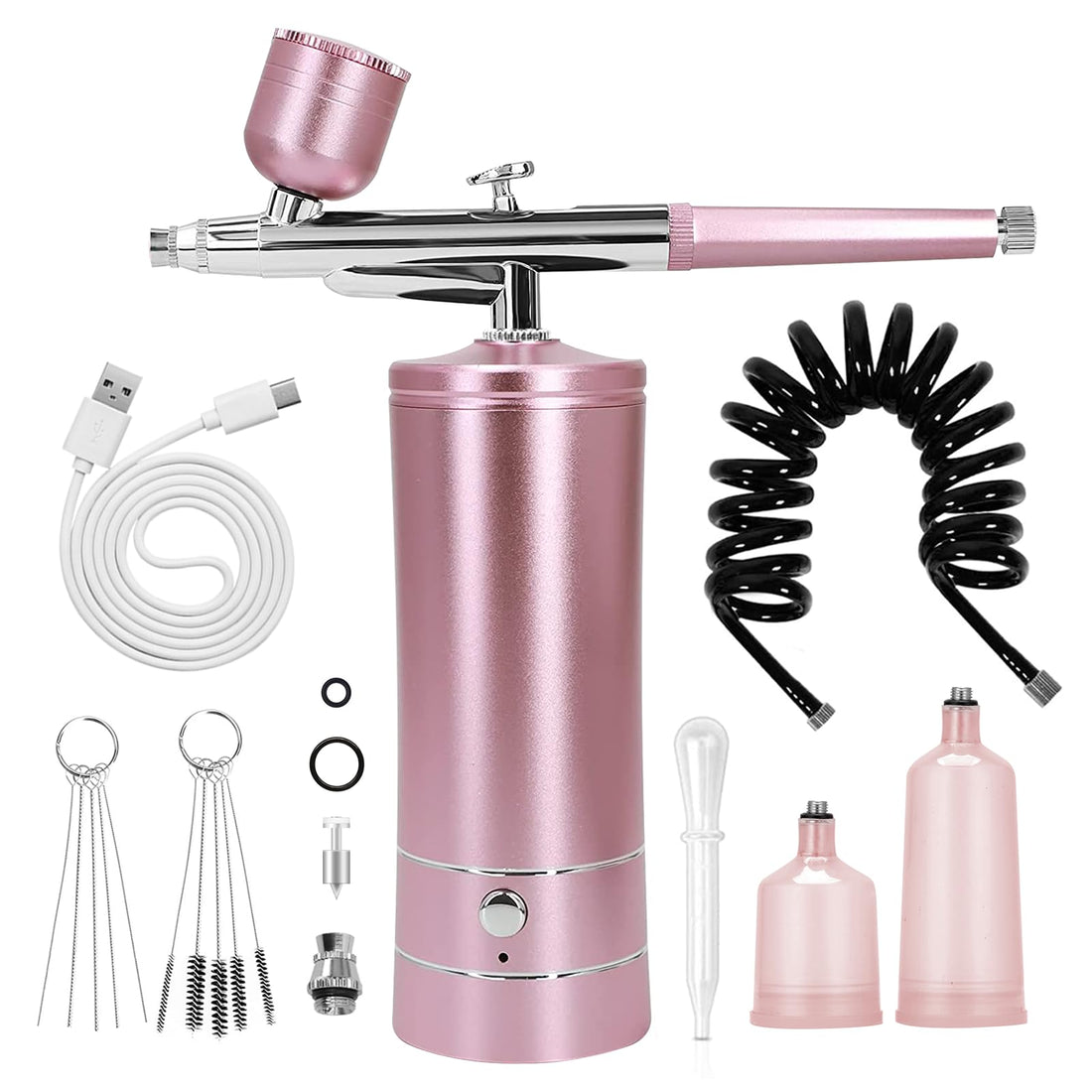 Airbrush-Kit Air Brush Kit With Air Compressor Nail Charms Wireless Air Brush for Barber, Nail Art, Cake Decor, Makeup, Model Painting (Pink - with extension tube)