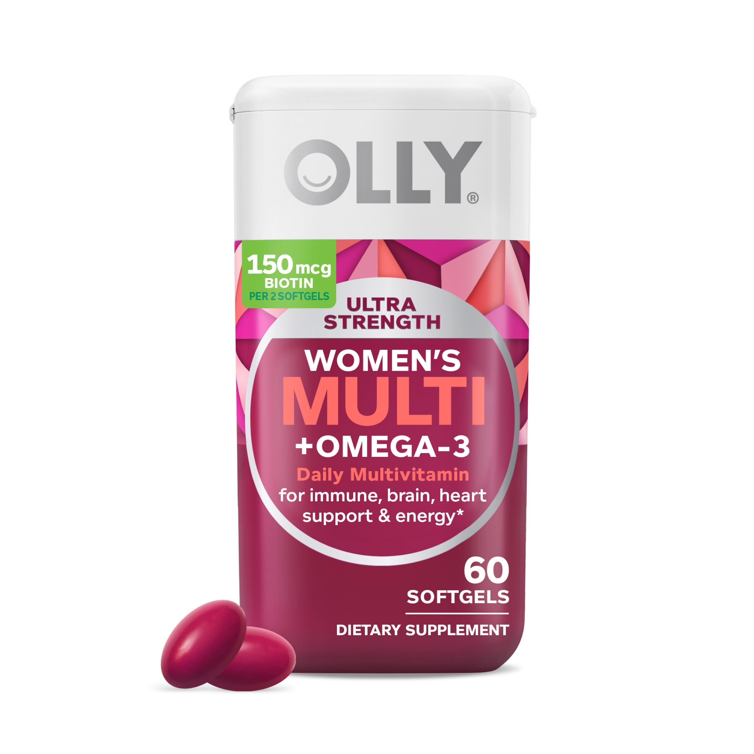 Olly Ultra Women's Multi Softgels, Overall Health and Immune Support, Omega-3s, Pink, 60 Count