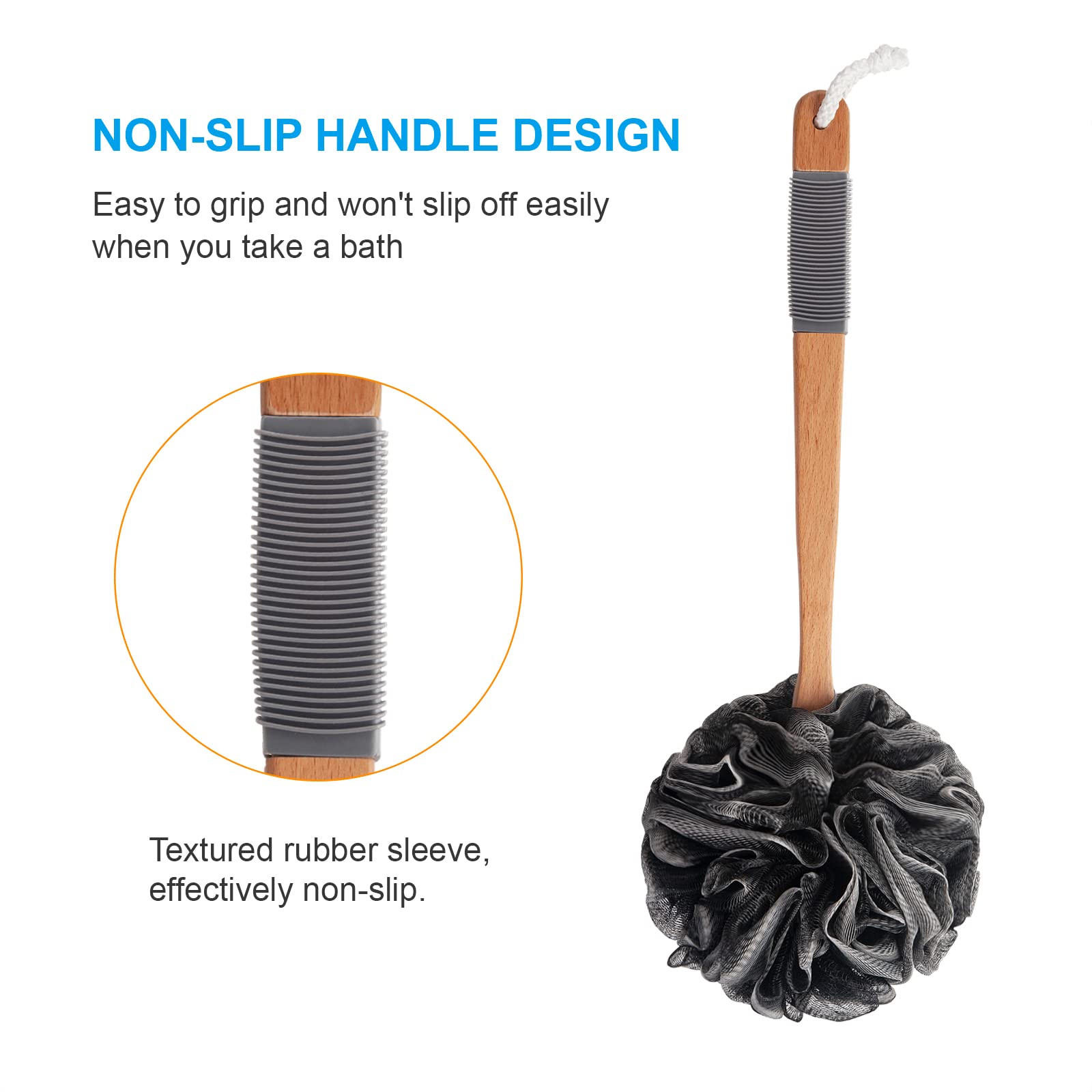 AmazerBath Shower Sponge Loofah Back Scrubber, PE Soft Mesh Loofah Body Scrubber with Long Wooden Handle, Bath Sponge for Men Women (Black)