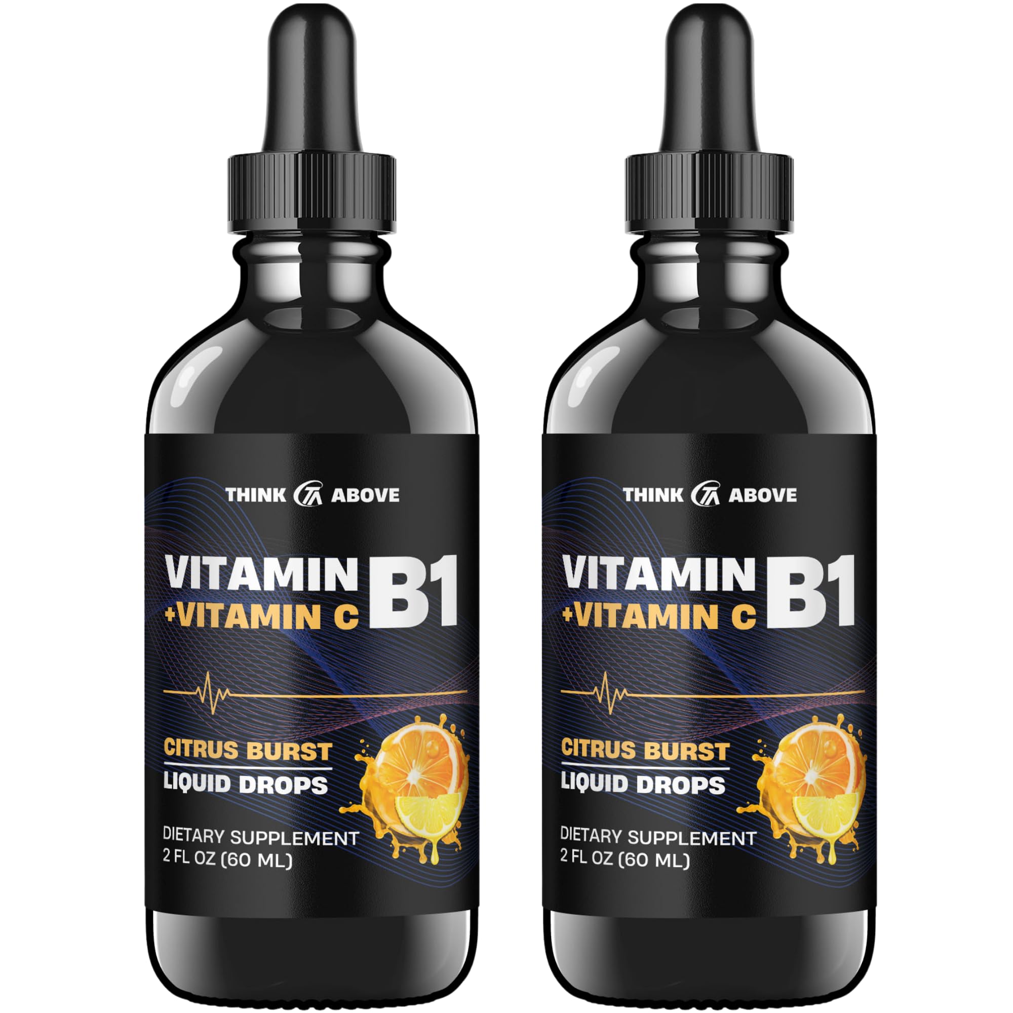 Think Above Vitamin B1 + Vitamin C Liquid Drops - Energy & Immune Support Supplement - 2 fl oz (60 ml) Pack of 2 - Fast Absorption, Easy-to-Use