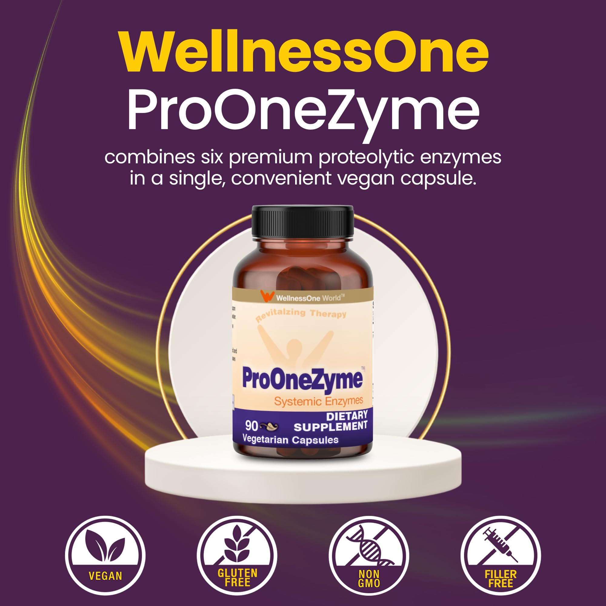 WellnessOne ProOneZyme Digestive Enzymes Supplements - Systemic Proteolytic Enzymes for Digestion, Gut Health, Gas Relief & Bloating - Contains Bromelain, Nattokinase, Protease & More - 90 Capsules