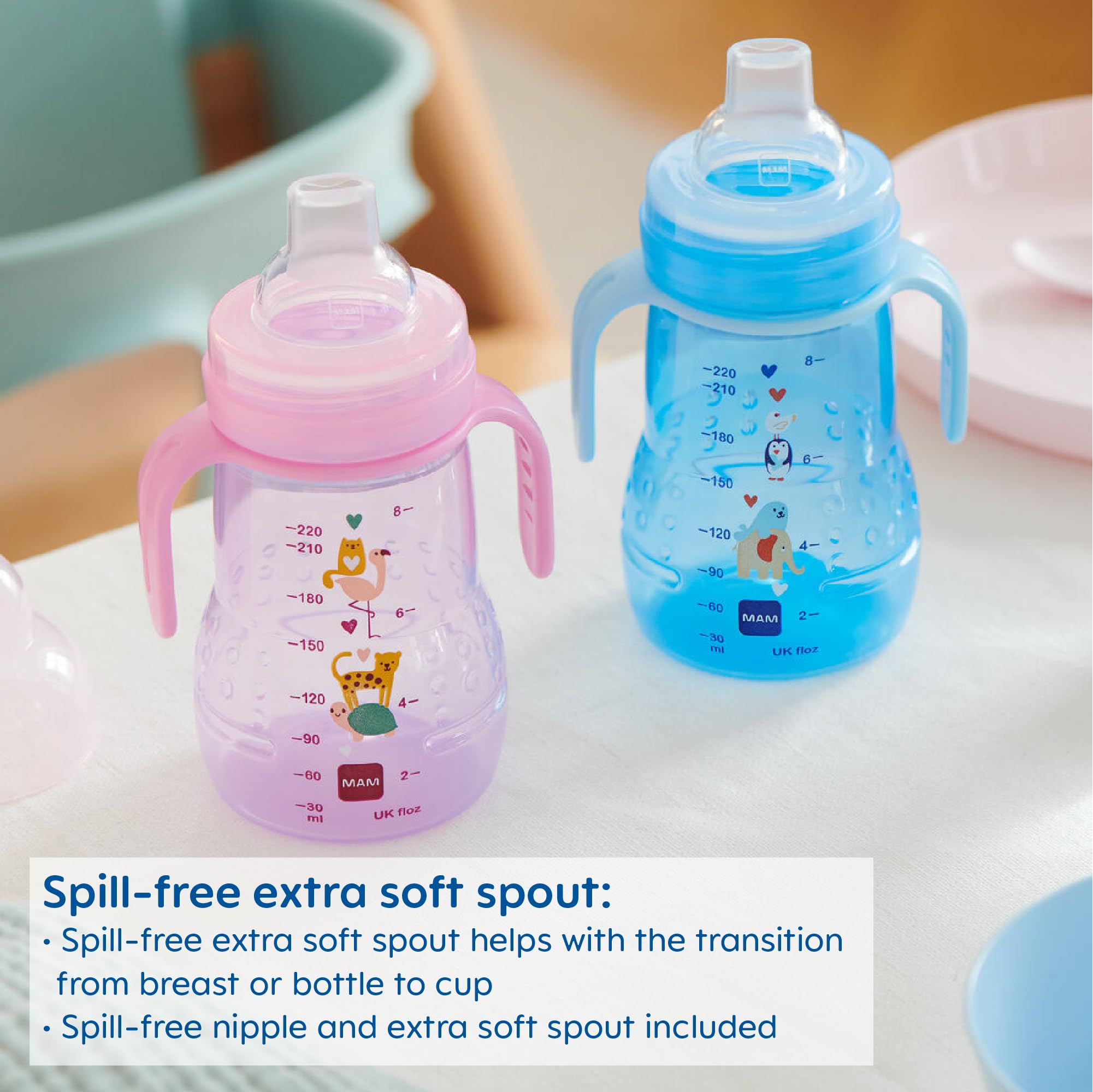 MAM Trainer Sippy Cup for Toddlers 1-3, 8 oz. Transition Drinking Cup with Extra-Soft Spout, Spill-Free Nipple, and Non-Slip Handles, for Boys 4+ Months, 1 Count