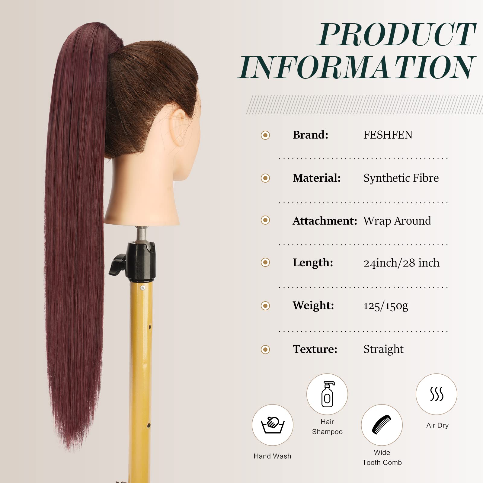 FESHFEN Straight Ponytail Extensions 28 Inch Long Wrap Around Synthetic Hair Piece Clip in Ponytail Hair Extensions Hairpiece for Women Girls 150g