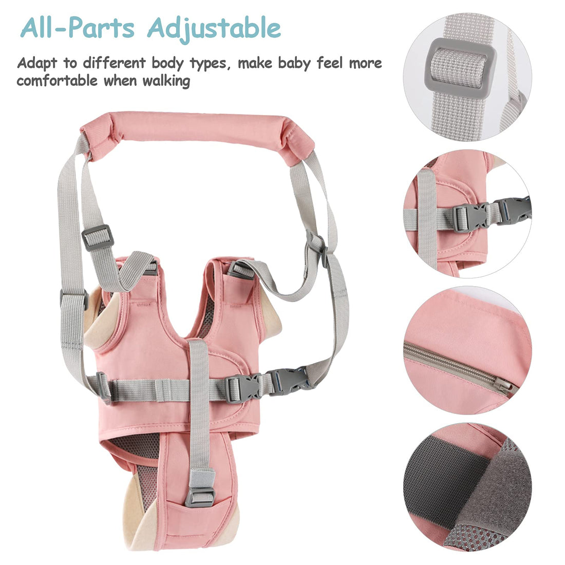 Ocanoiy Baby Walking Harness Handheld Baby Walker Assistant Belt Adjustable Toddler Infant Walker Safety Harnesses Standing Up and Walking Learning Helper with Detachable Crotch for 9-24 Month (Pink)