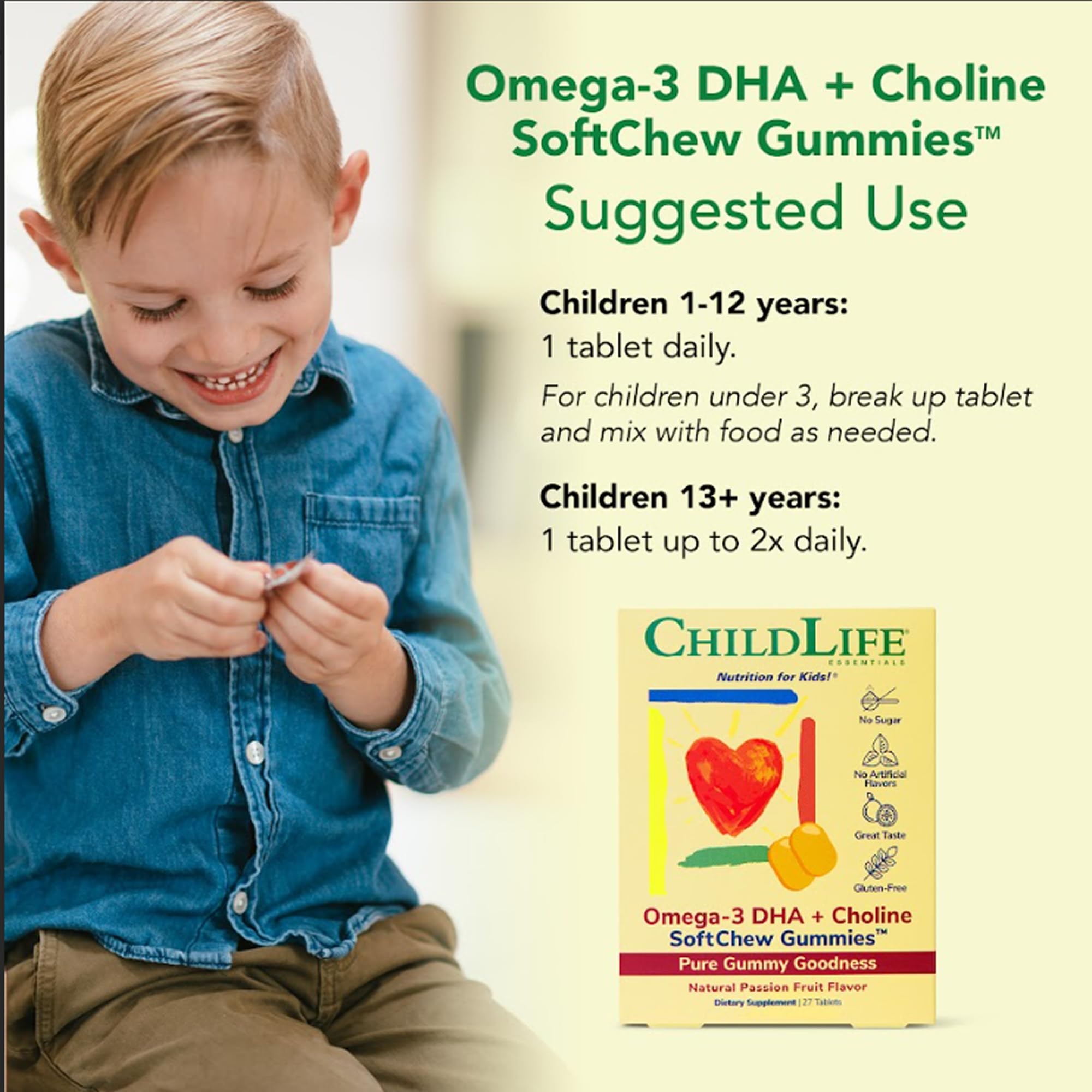 CHILDLIFE ESSENTIALS Omega-3 DHA + Choline SoftChew Gummies - for Kids, DHA for Kids, Omega 3 Gummies with Choline, Fish Oil for Babies, Toddlers & Children - Natural Passion Fruit, 27 Tablets