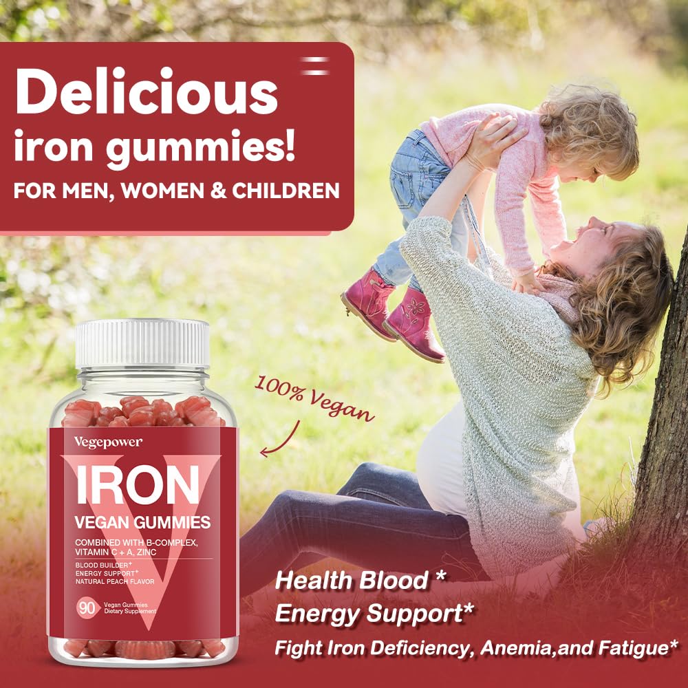 Vegan Iron Gummies Supplement - with Vitamin C, A, B-Complex, Folate, Zinc for Adults & Kids - Health Blood & Energy Support for Iron Deficiency, Anemia, No After Taste - Peach Flavor (90 Ct)