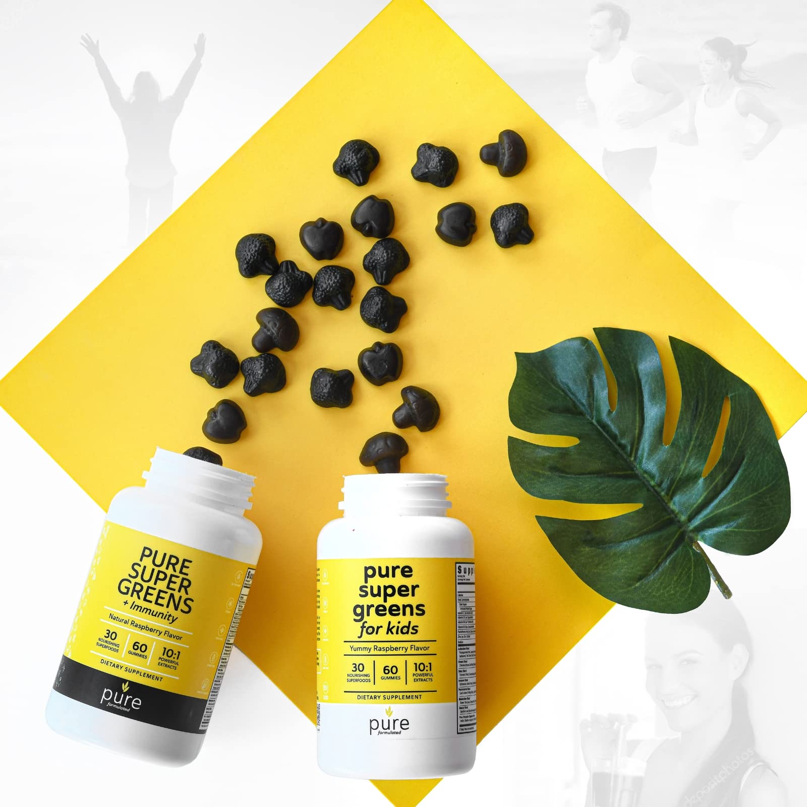 pure formulated Super Greens Multivitamin Gummies for Men & Women - Adult Immune Support Gummies - 30 Superfoods Vegan Supplements - Natural Raspberry Flavor (60 Count)