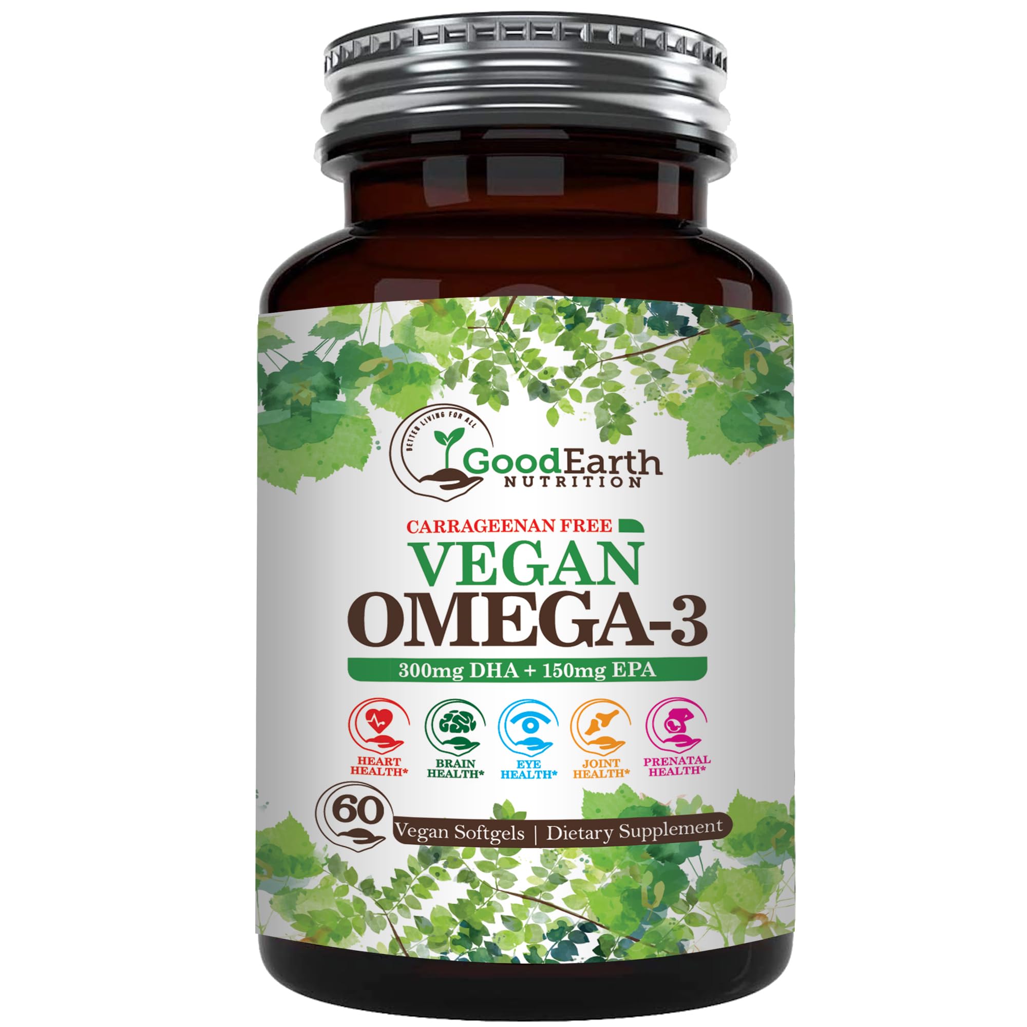Vegan Omega 3 - Carrageenan Free Plant Based Algal DHA/EPA- 60 Veggie Softgels - Supports Brain, Heart, Joints & Prenatal Health - Essential Fatty Acids Supplements