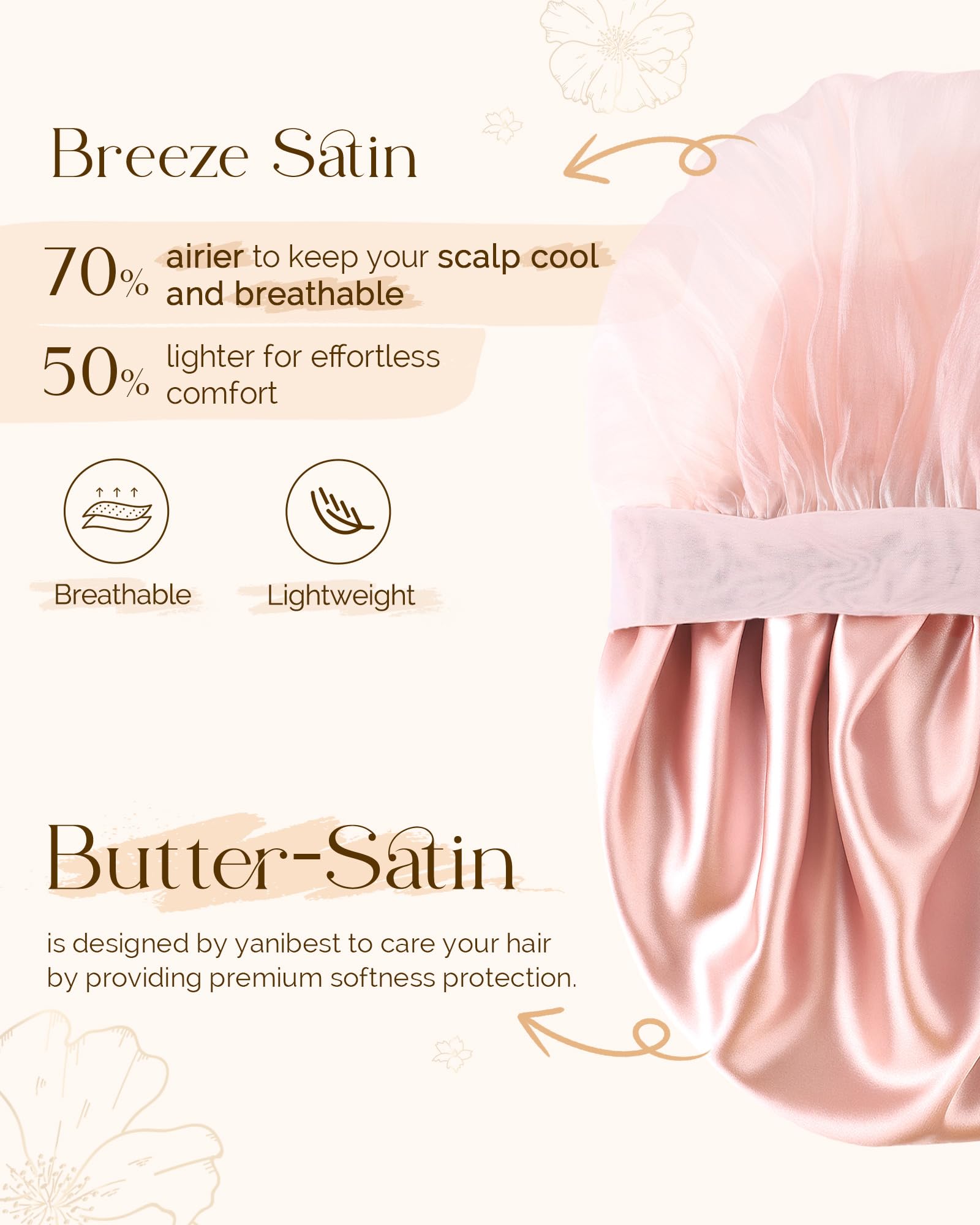 YANIBEST Silk Bonnet for Sleeping Women, Satin Lined Hair Bonnet with Breathable Tie Band for Curly Hair, Head Wrap Cap, Pink