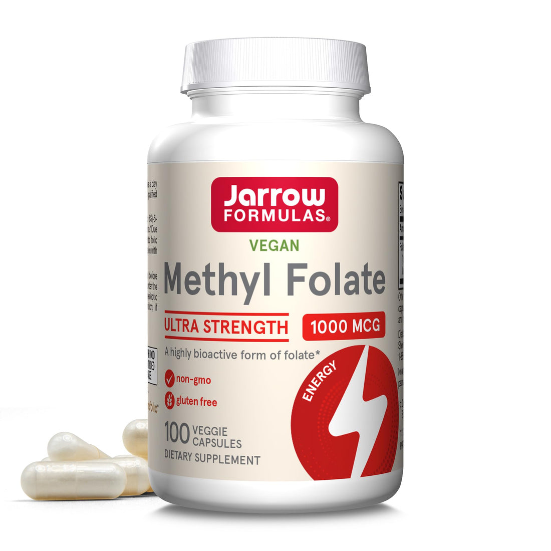 Jarrow Formulas Methyl Folate 1000 mcg, Dietary Supplement, Methyl Folate for Cellular Energy Support, 100 Veggie Capsules, 100 Day Supply