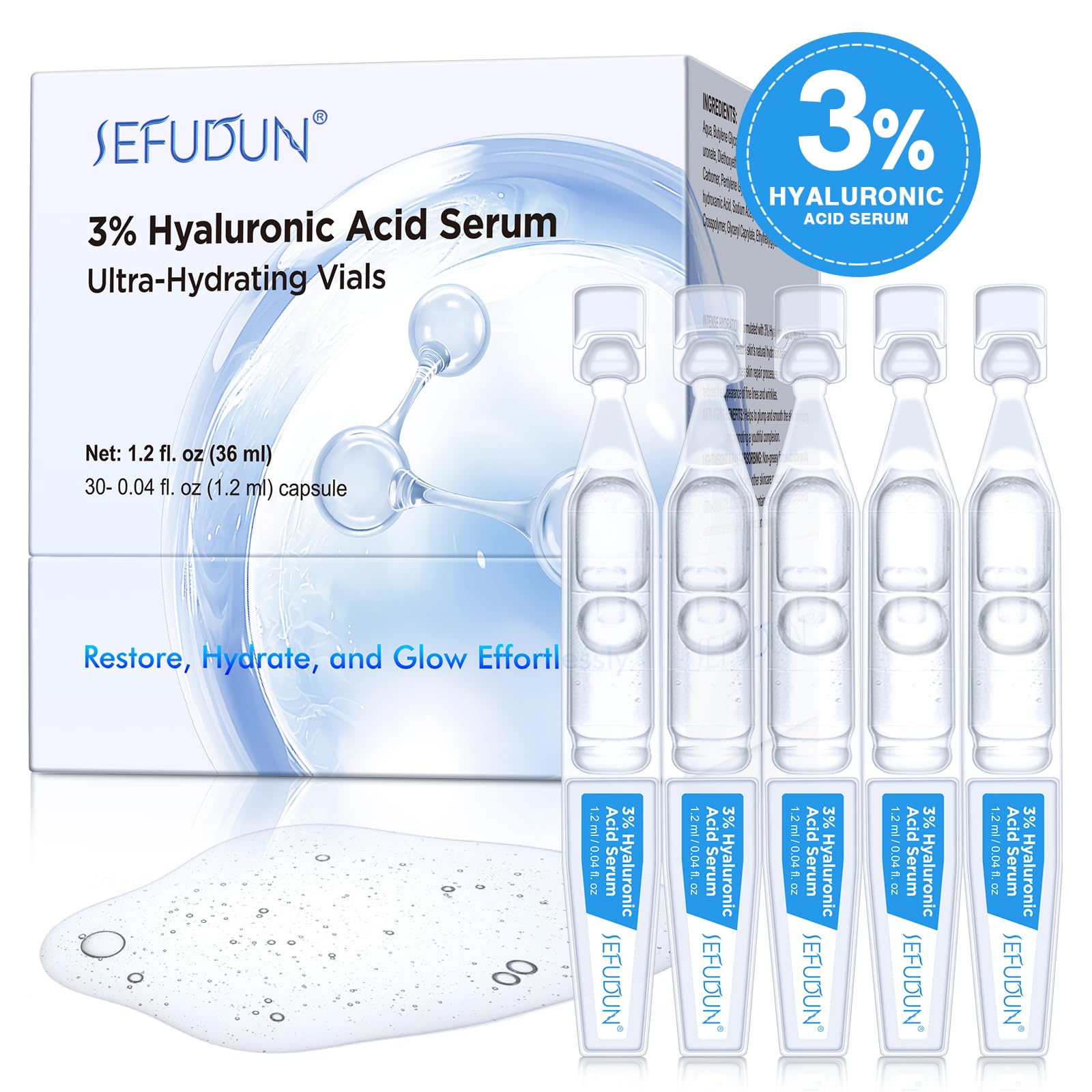 3% Hyaluronic Acid Serum, 30pcs Ultra Hydrating Serum for Face, Anti-Aging Vials Skincare for Boosting Moisture