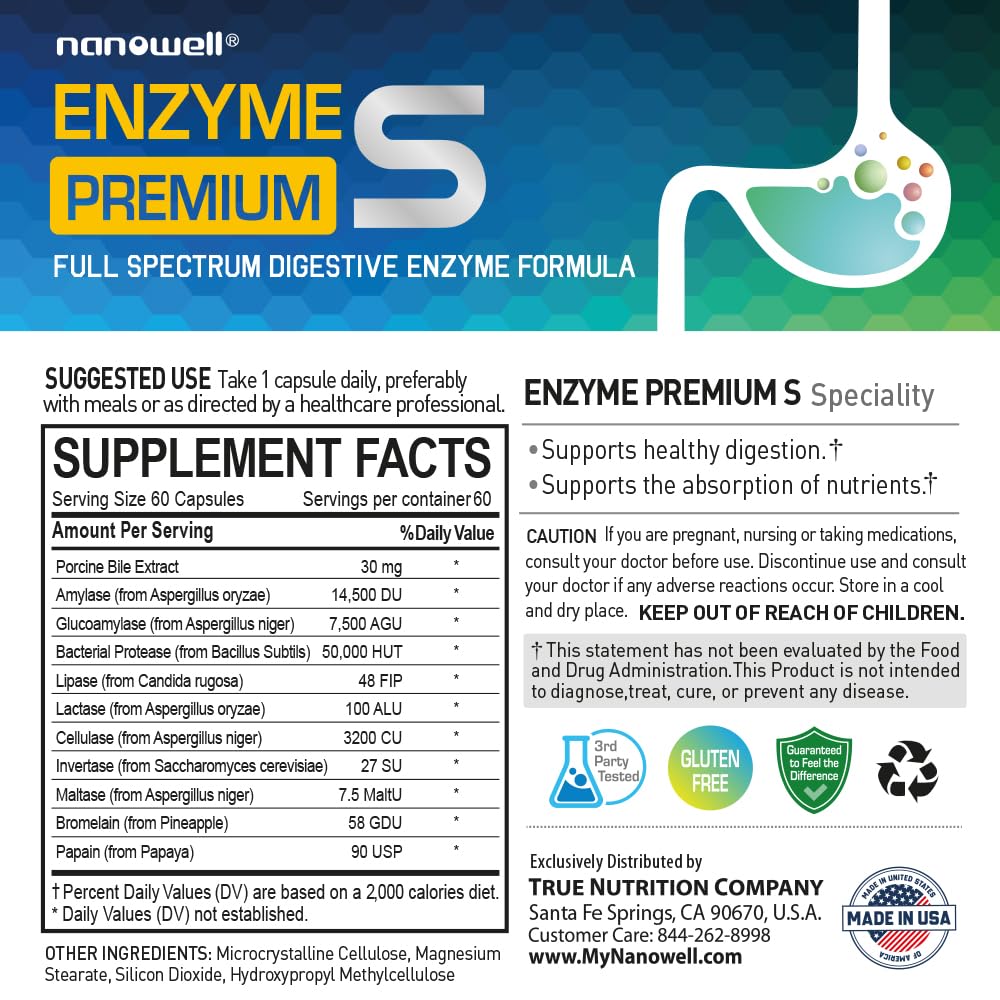 NANOWELL Enzyme Premium S Digestive Health Supplement, Multi Enzymes, Bromelain from Pineapple, Papain from Papaya - 60 Capsules X 2 Bottles (120 Count)