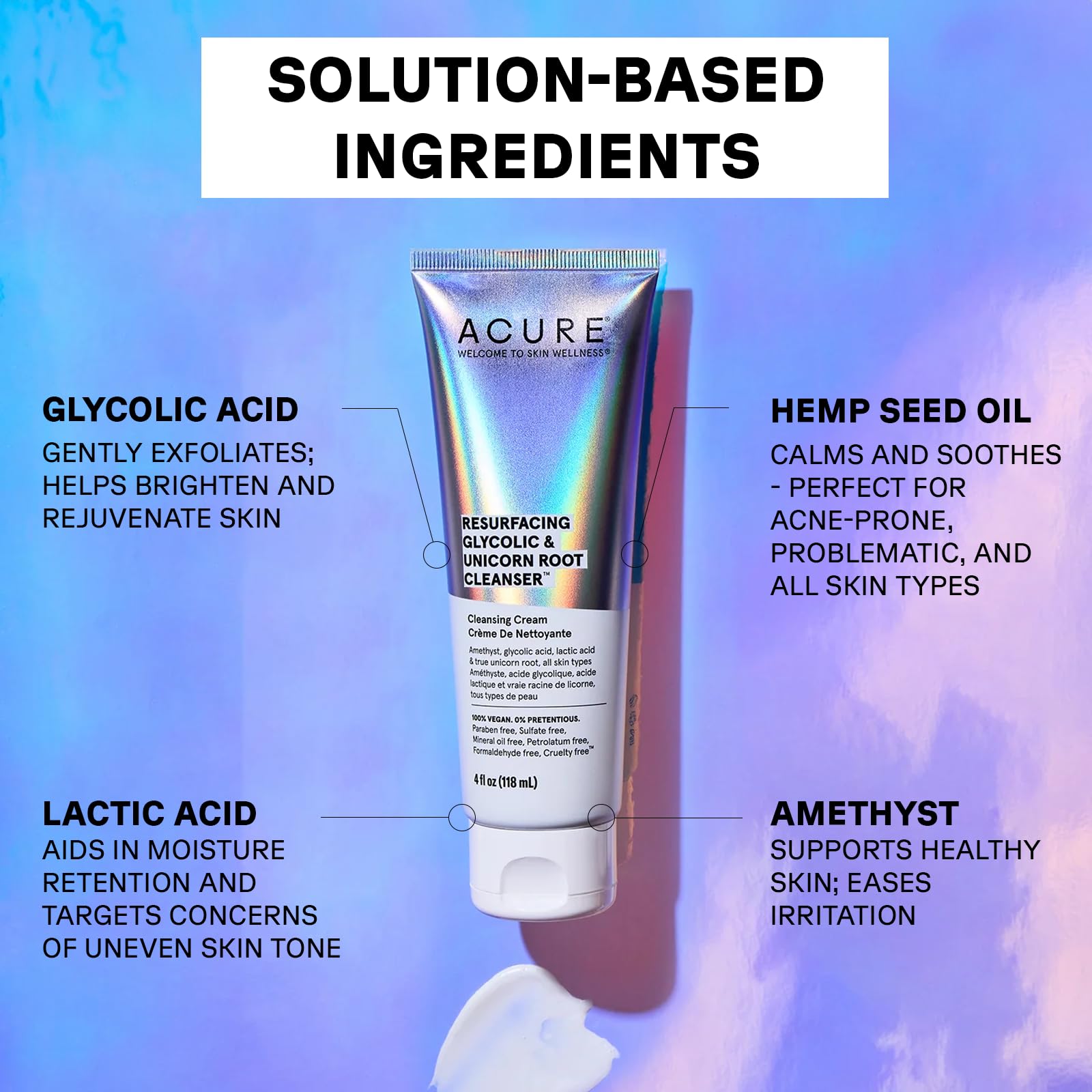 ACURE Resurfacing Glycolic + Unicorn Root Cleanser | 100% Vegan | Amethyst, Glycolic, Lactic & True Unicorn Root - Resurface, Refine & Hydrates | All Skin Types | 4 Fl Oz