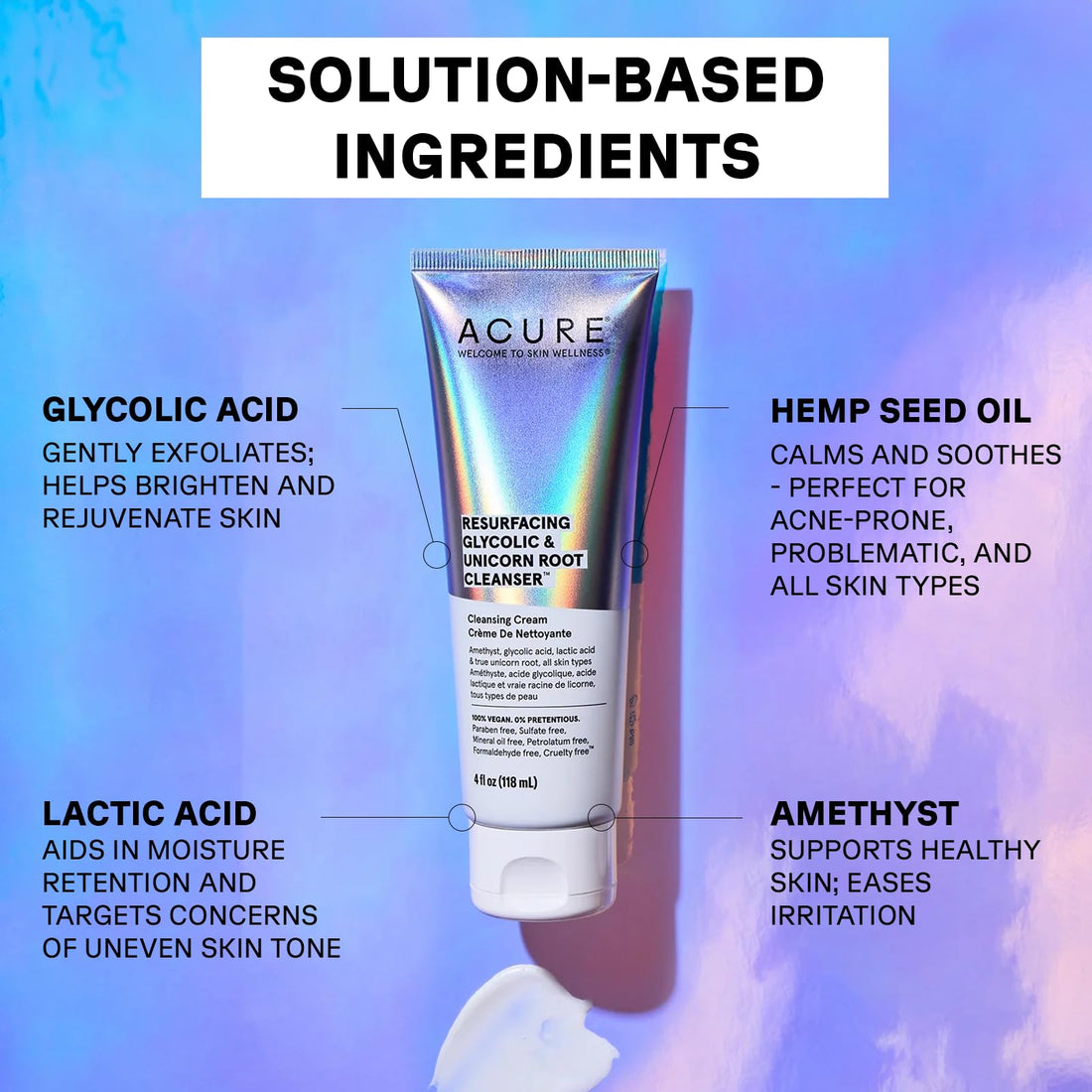 ACURE Resurfacing Glycolic + Unicorn Root Cleanser | 100% Vegan | Amethyst, Glycolic, Lactic & True Unicorn Root - Resurface, Refine & Hydrates | All Skin Types | 4 Fl Oz