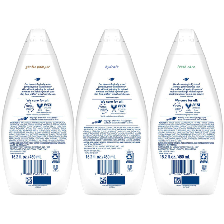 Dove Body Wash Variety 3-Pack – Hydrate, Fresh Care, and Gentle Pamper, 15.22 Oz Ea