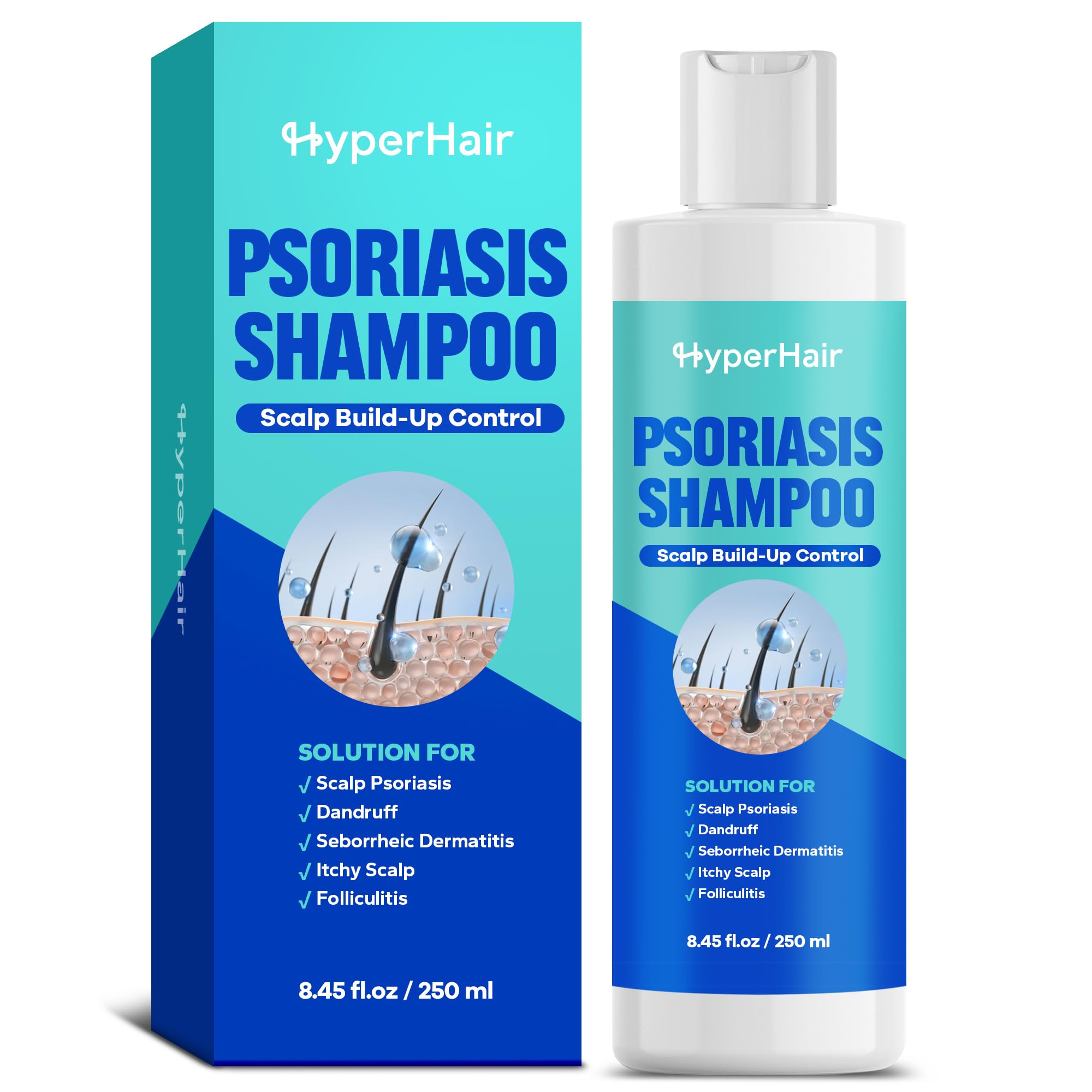 HyperHair Psoriasis Shampoo (8.45 Fl Oz), Medicated Shampoo with Salicylic Acid & Coconut Oil for Scalp Psoriasis, Seborrheic Dermatitis, Folliculitis & Dandruff, Anti-Itch, Flake-Free