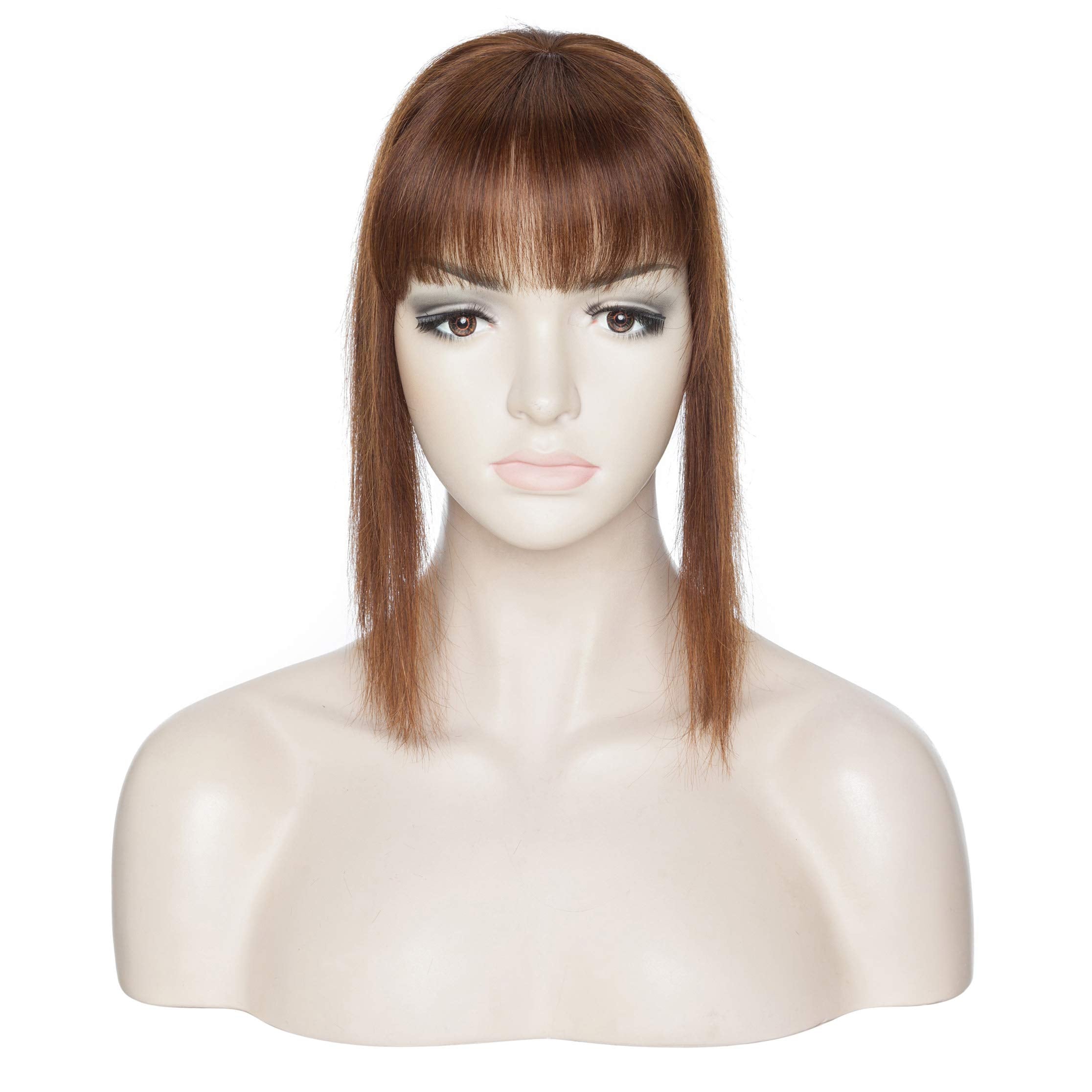 S-noilite Clip In Topper with Bangs 100% Real Human Hair Mono Base Crown Toppers with Wispy Fringe Medium Brown Top Hairpiece For Women with Thinning Hair Cover Grey Hair 10Inch 32g #4