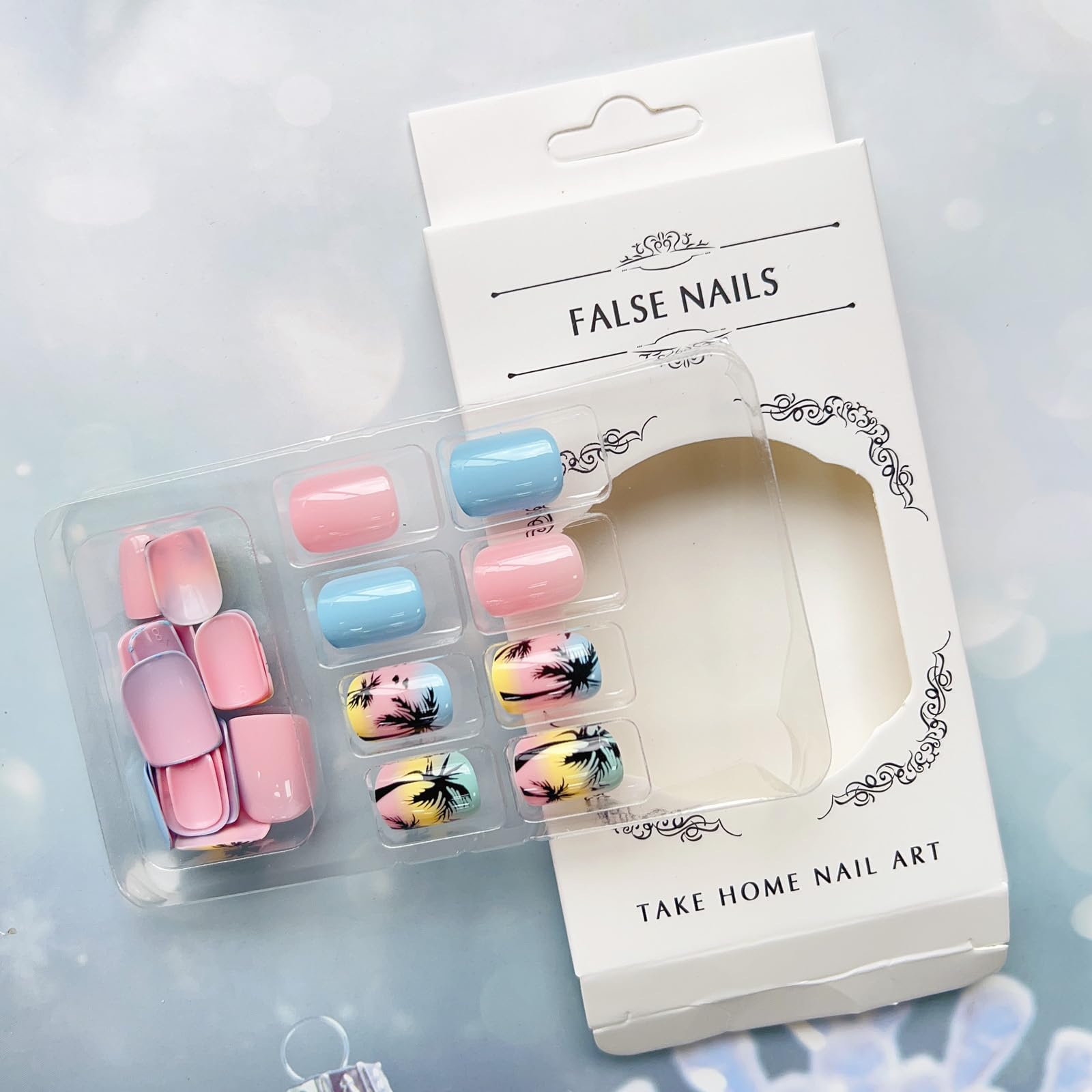 Short Press on Nails Square Fake Nails Summer Palm Tree Acrylic Nails Press ons Glossy Blue Pink Glue on Nails with Twilight Beach Designs Short False Nails Summer Artificial Nails for Women Girls