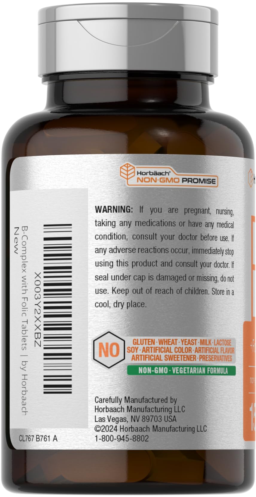 Horbäach B-Complex | 150 Caplets | Plus Folic Acid & Vitamin C | Non-GMO & Gluten Free Supplement for Men and Women