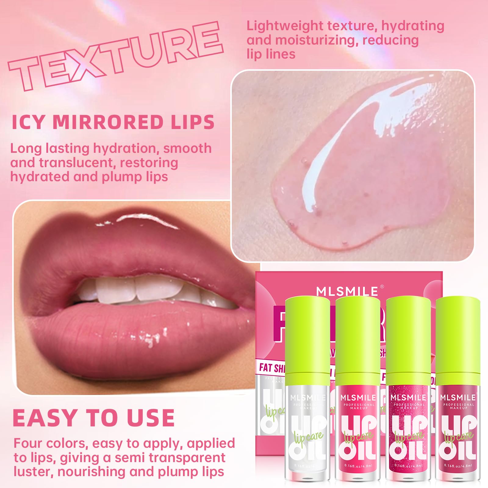 HOSAILY 4 Colors Hydrating Lip Oil Plumping + Lip Liner Set, Shiny Glow Reviver Lip Care Oil, Moisturizing Big Brush Head Clear Pink Glitter Transparent Lip Gloss Combo Makeup Present for Women