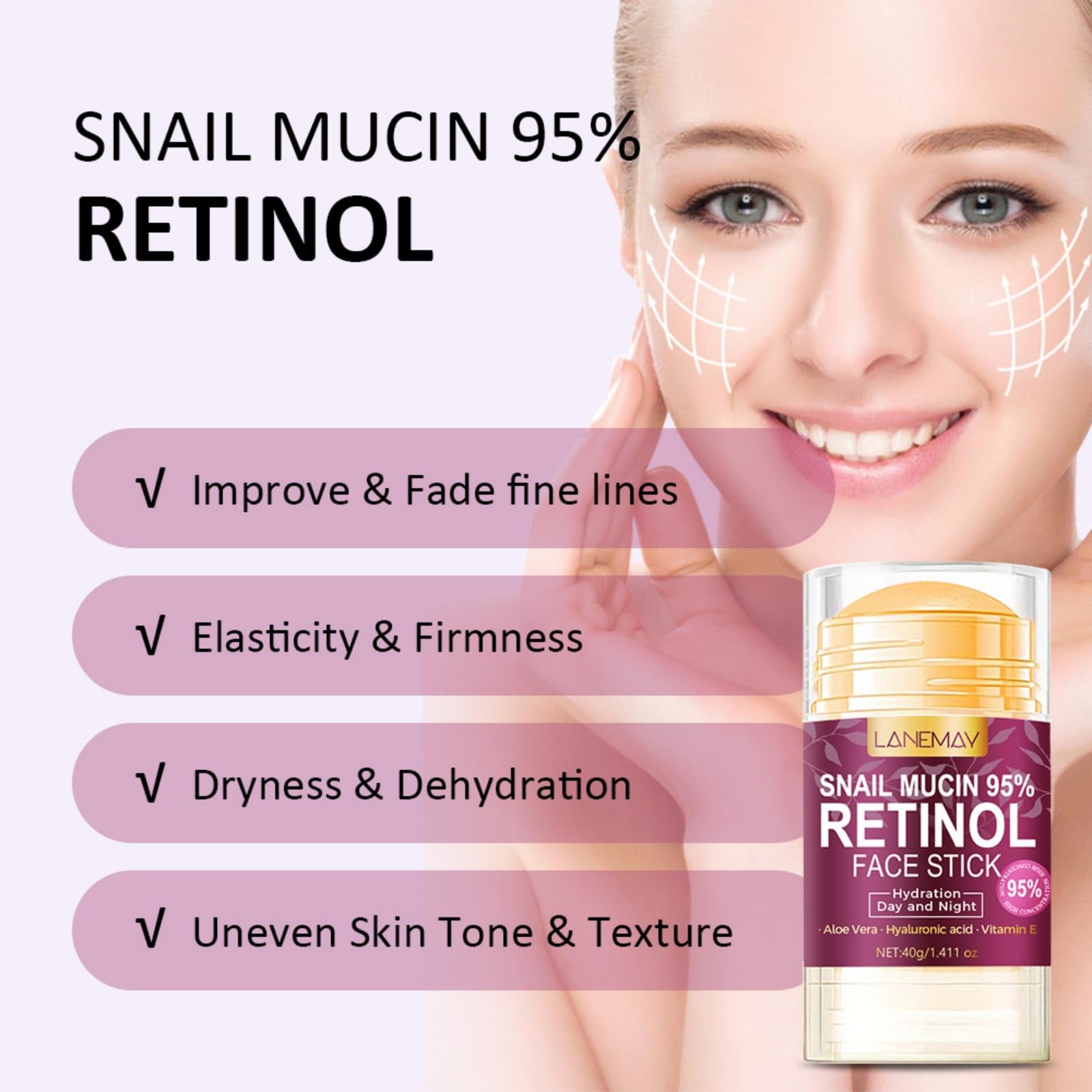 Retinol Face Stick, Snail Mucin Face Moisturizer with Retinol Day & Night Lifting & Firming Anti Wrinkle Facial Moisturizer Balm Stick Nourishing Anti Aging Repair Cream for All Skin Types