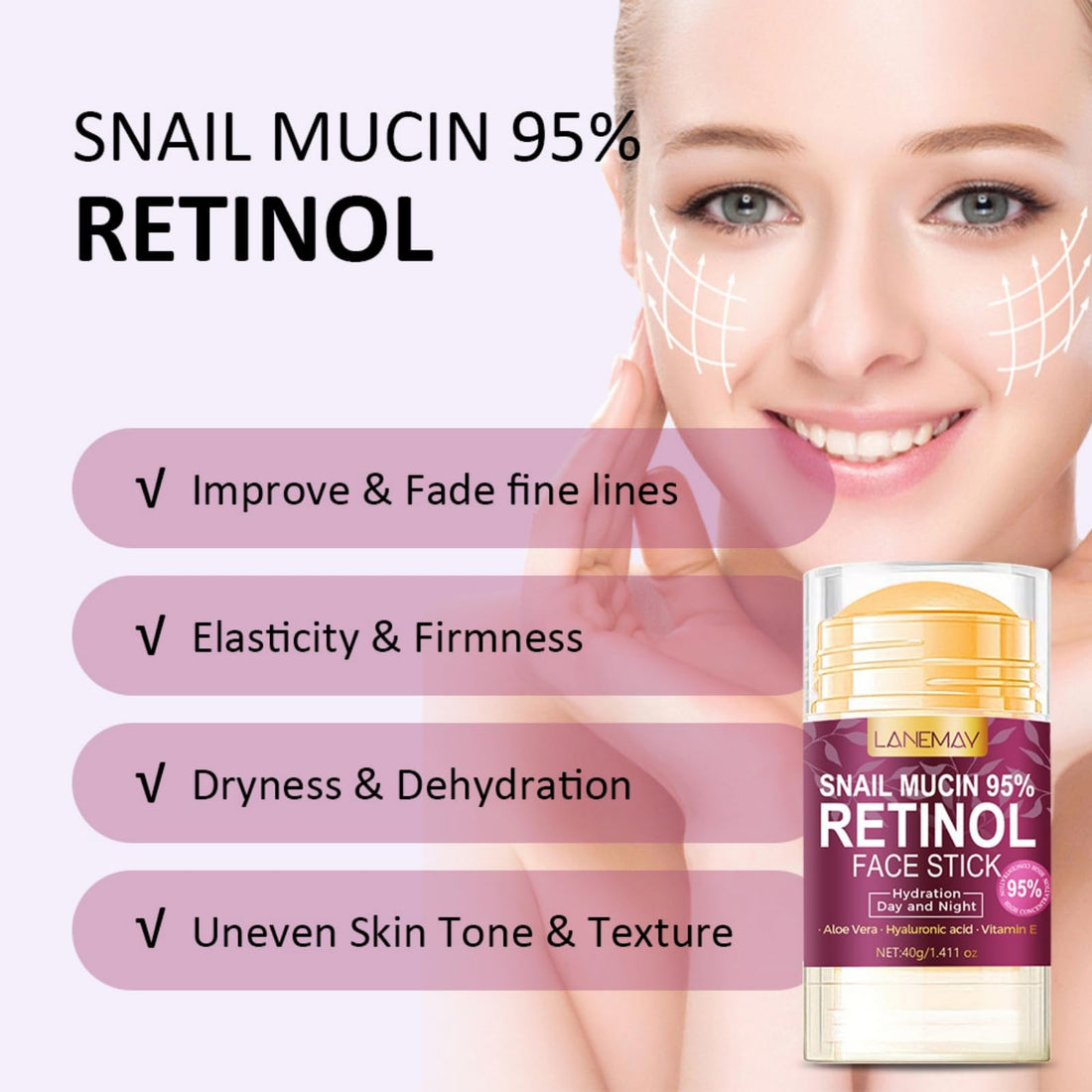 Retinol Face Stick, Snail Mucin Face Moisturizer with Retinol Day & Night Lifting & Firming Anti Wrinkle Facial Moisturizer Balm Stick Nourishing Anti Aging Repair Cream for All Skin Types
