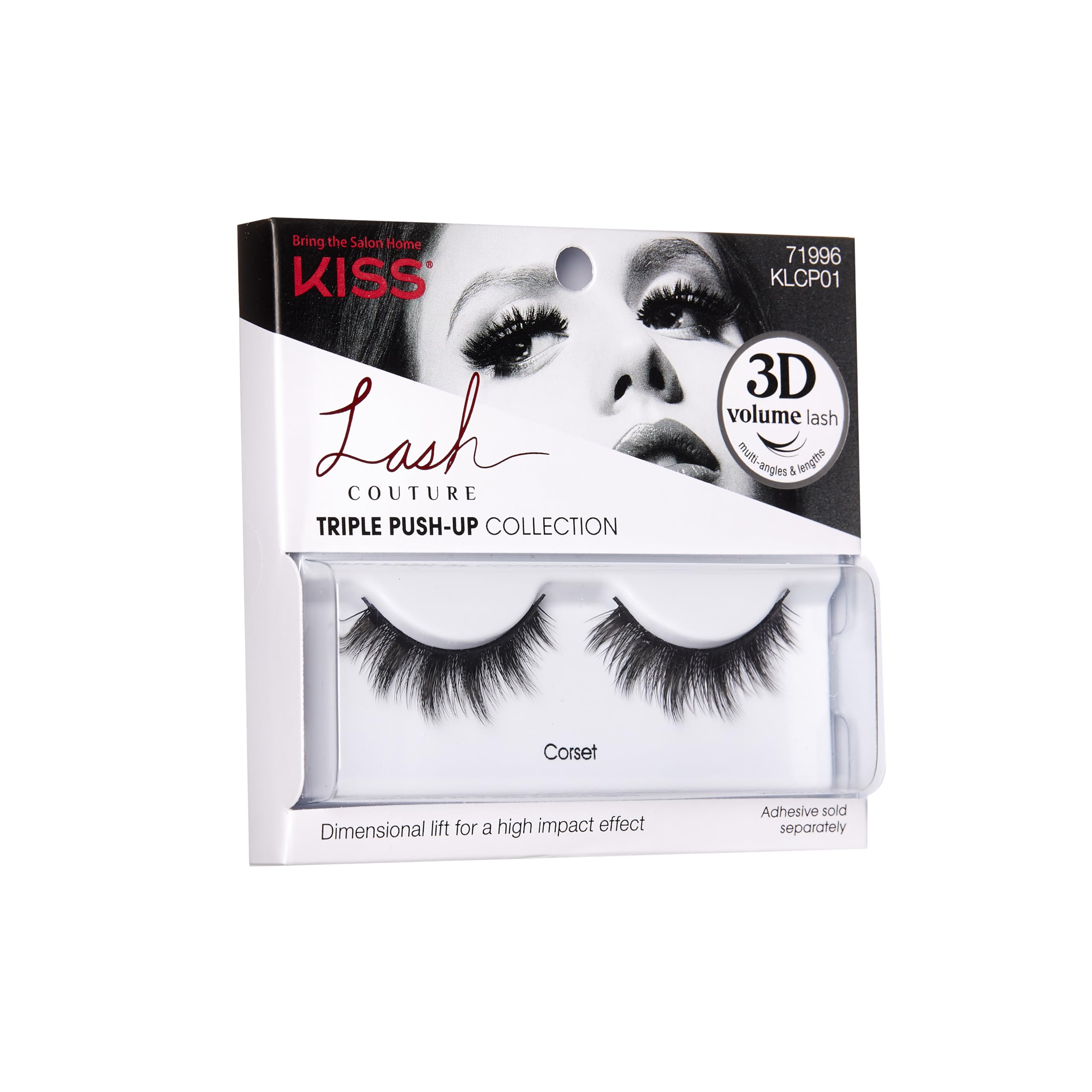 KISS Lash Couture Triple Push Up Collection, 3D Volume False Eyelashes with Triple Design Technology, Multi-Angles & Lengths, Cruelty-Free, Contact Lens Friendly, and Reusable, Style Corset, 1 Pair