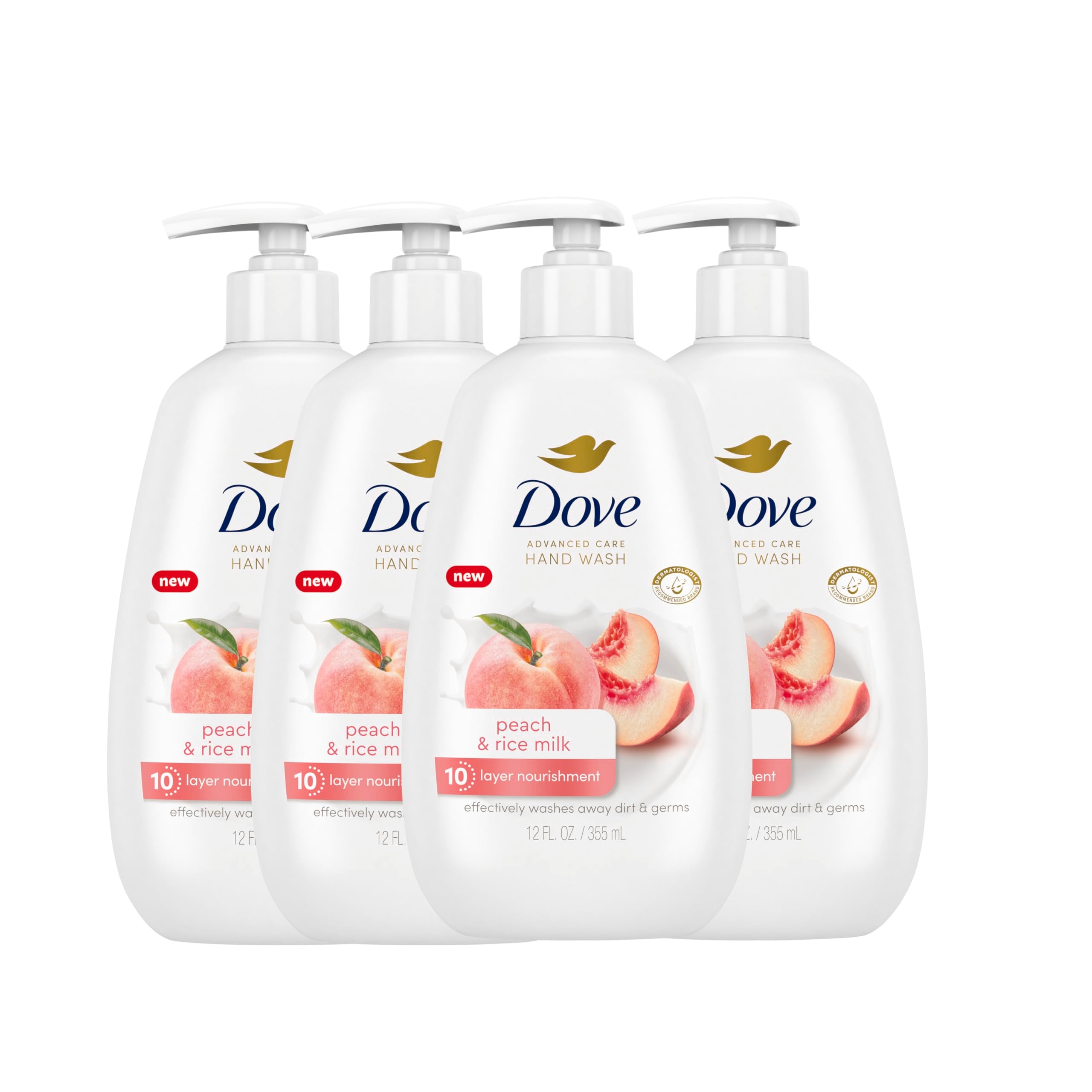 Dove Advanced Care Hand Wash Peach & Rice Milk 4 Count for Washing Away Dirt & Germs While Nourishing Skin 10 Layers Deep, with Moisture Boost 5X Complex