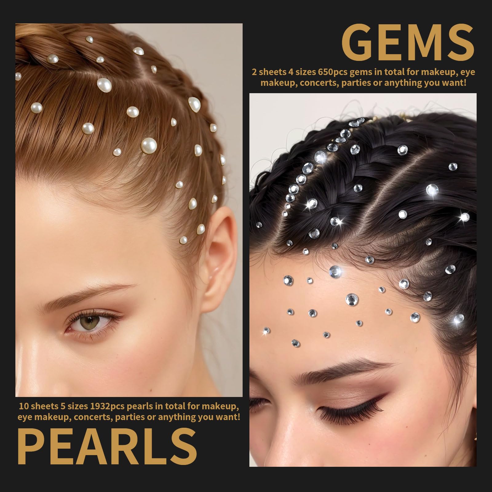 Teenitor 2582Pcs Hair Pearls Hair Gems Face Gems, Hair Pearls Stick On, Hair Face Jewels Face Hair Gems 3/4/5/6/8mm Hair Pearls Gems Stick on for Face, Hair, Crafts