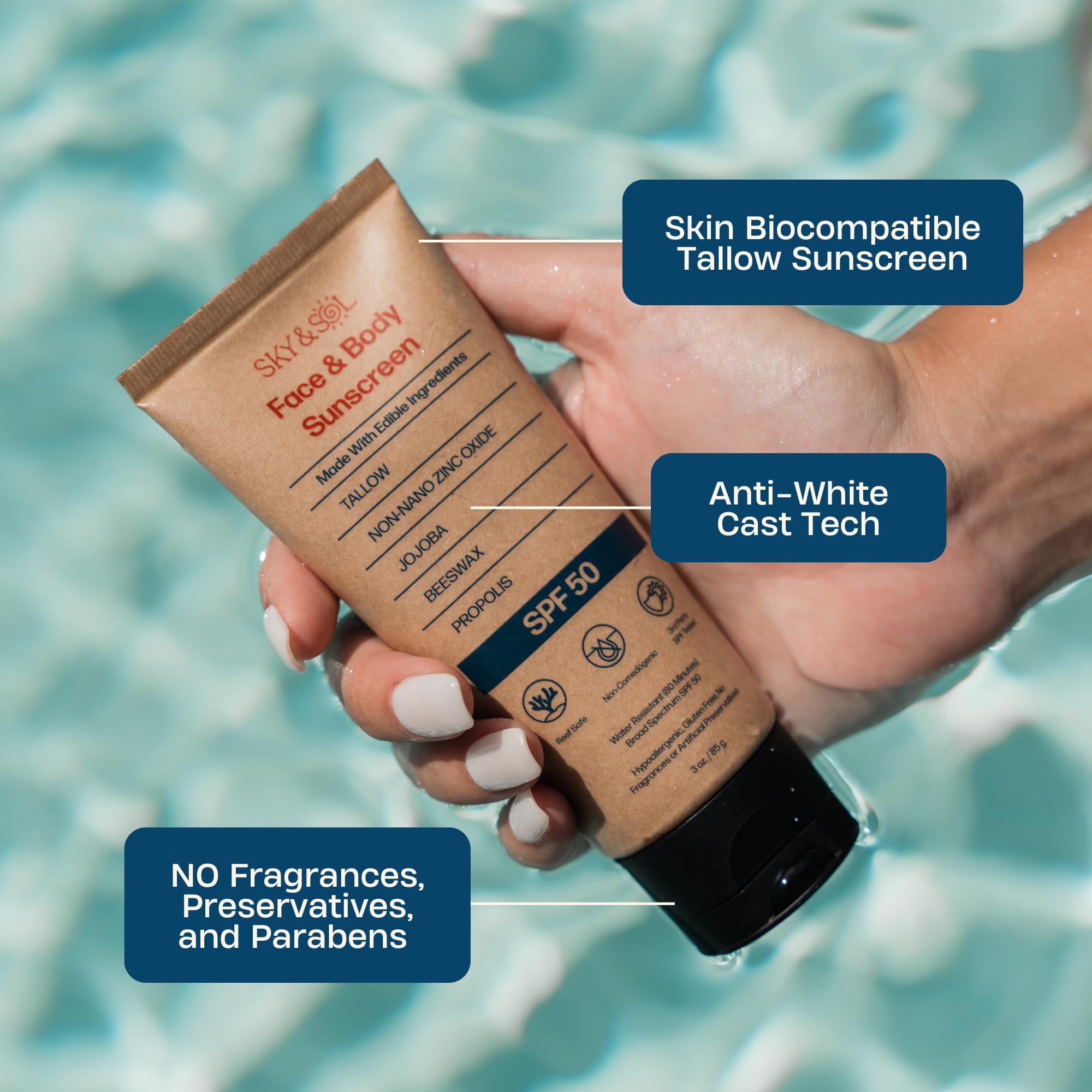 Sky and Sol Non-Toxic Natural Mineral Sunscreen SPF 50 | Safest Organic Natural Tallow & Zinc Oxide Sunblock | Reef Safe, Clean Non-Greasy Formula for Face and Body | Women and Men. 3 oz (85 g)