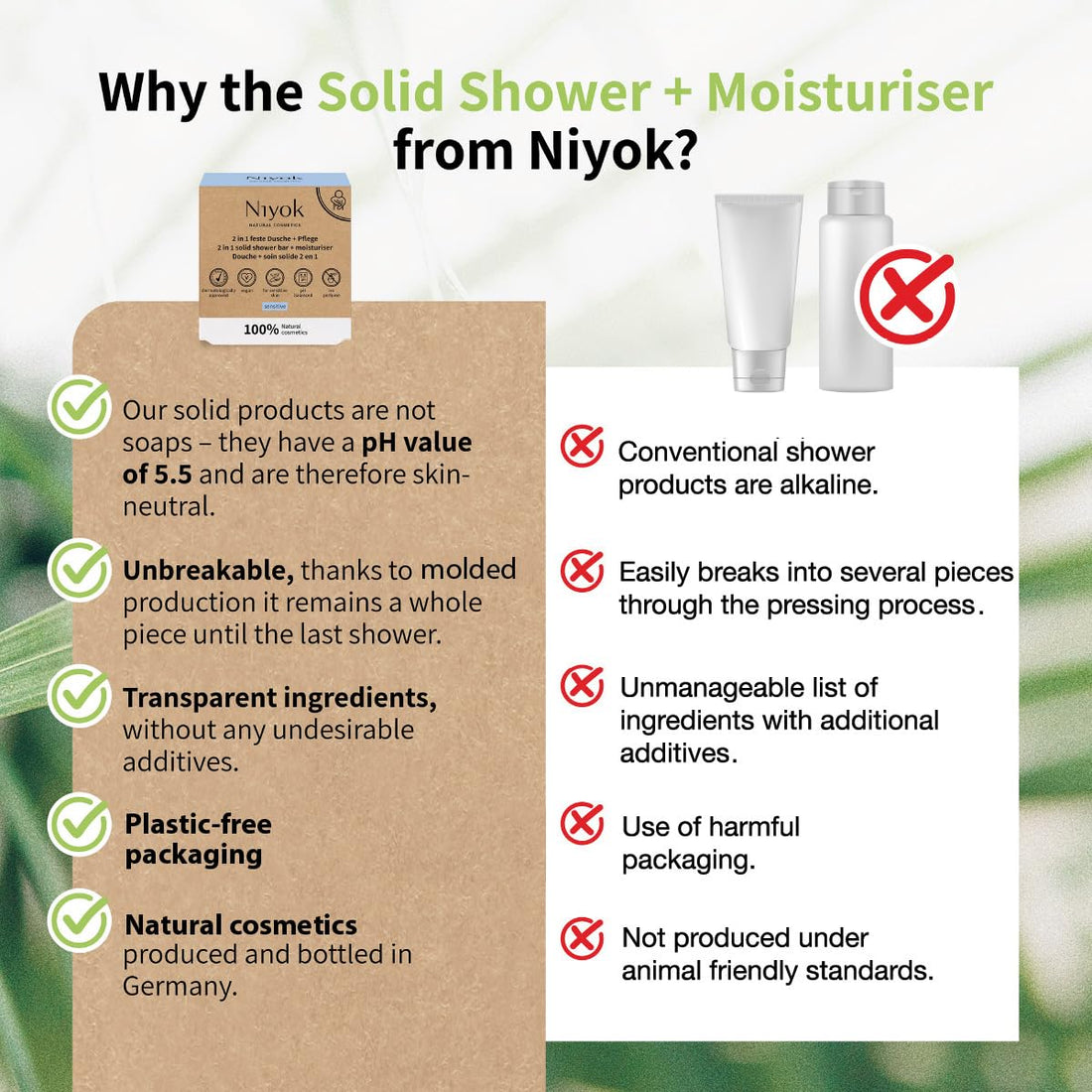 Niyok Natural Cosmetics 2-in-1 Solid Shower Bar + Moisturizer, Sensitive Formula, 80g