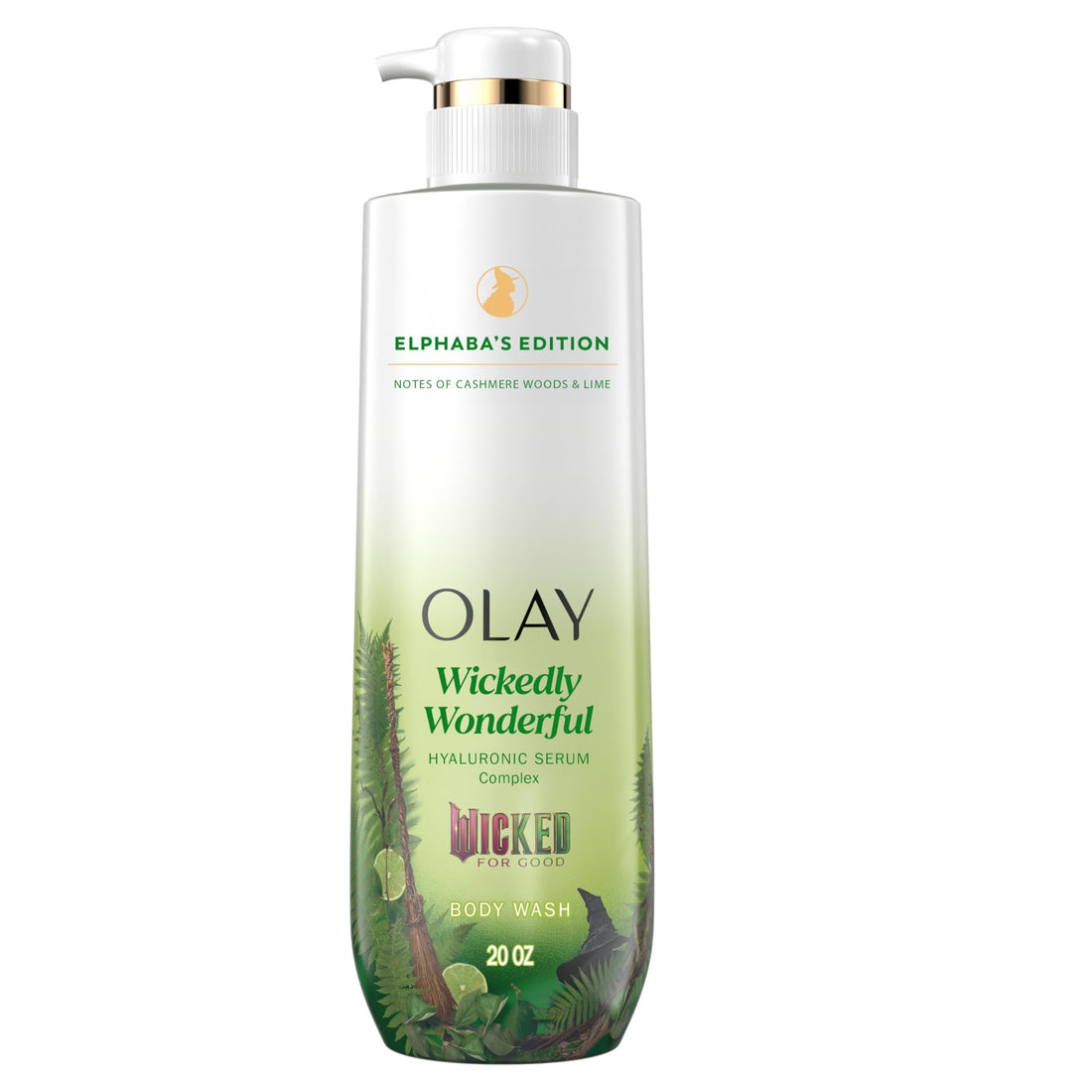 Olay Body Wash for Women, Wickedly Wonderful Elphaba’s Edition, Intensely Hydrating & Renewing, Pro-Hyaluronic Acid Serum with Vitamin B3, For All Skin Types, Cashmere Woods & Lime Scent, 20 fl oz