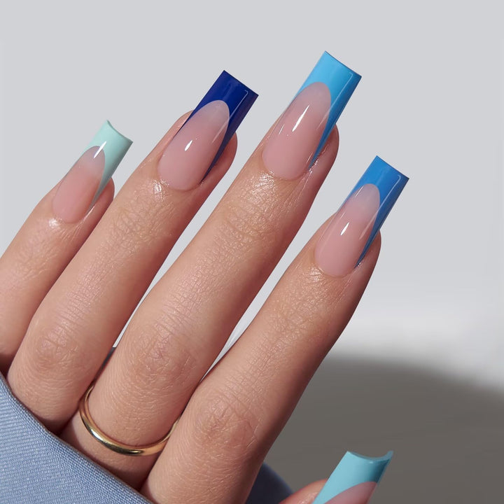 BTArtboxnails XCOATTIPS French Tip Press On Nails - Blue Press On Nails Square, Long Fake Nail Tips, 150Pcs Soak Off Soft Gel Acrylic Nail Extension in 15 Sizes