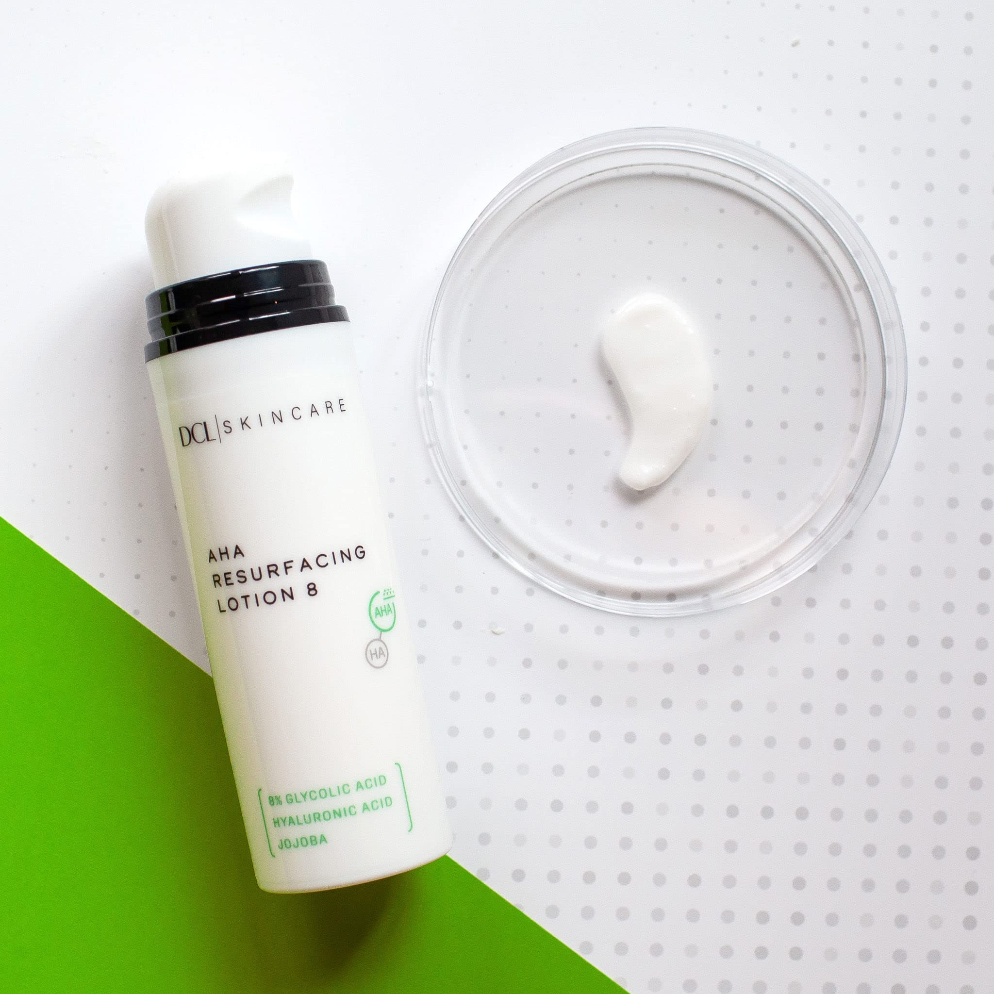 DCL Skincare AHA Resurfacing Lotion 8, 8% Glycolic Acid with Hyaluronic Acid Exfoliates and Hydrates, 1.7 Fl oz