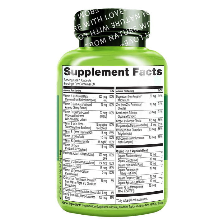 NATURELO One Daily Multivitamin for Women 50+ (Iron Free) - Menopause Support for Women Over 50 - Whole Food Supplement - Non-GMO - No Soy - 60 Capsules - 2 Month Supply