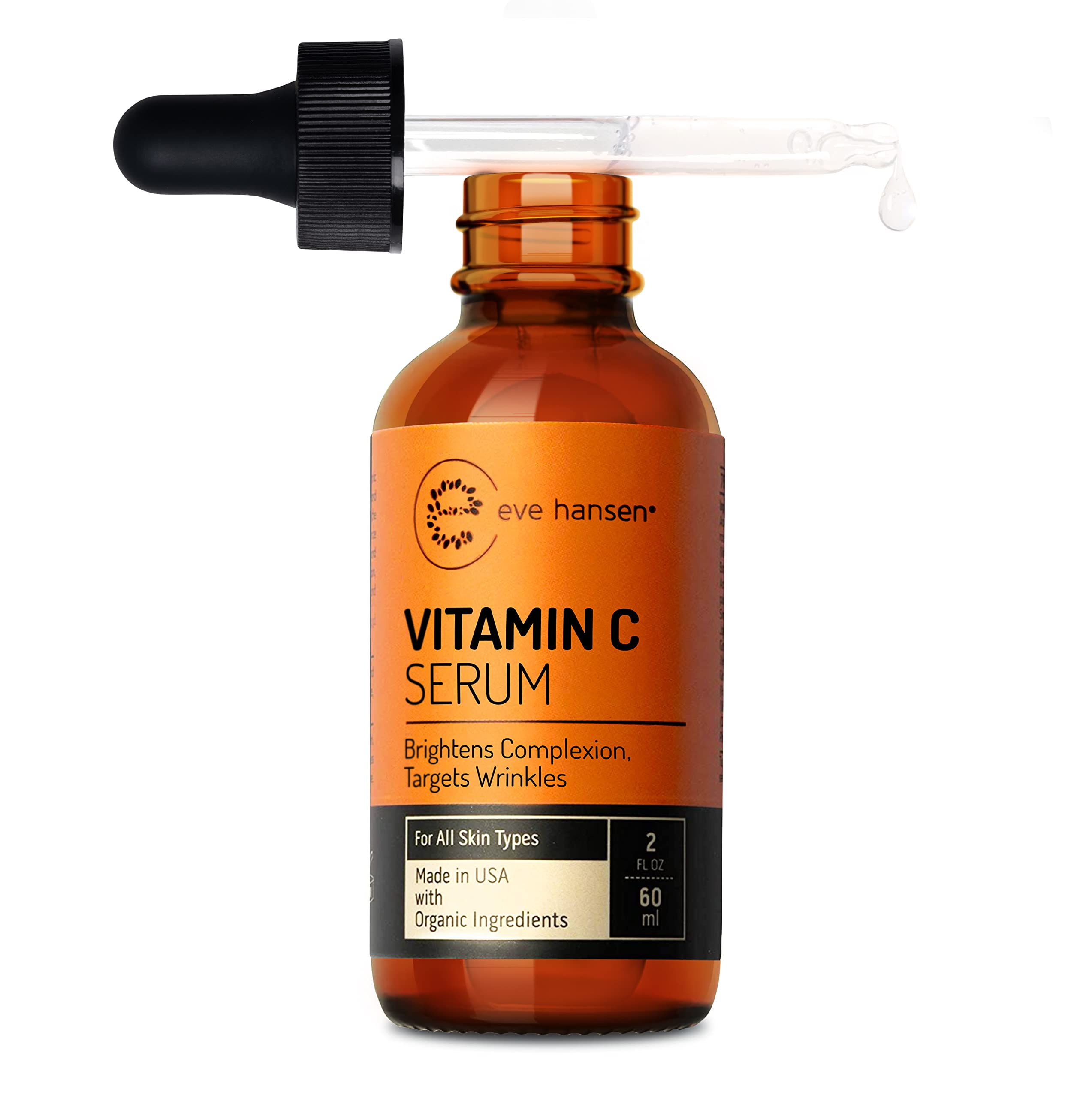 Eve Hansen Vitamin C Facial Serum - 76% Organic Antioxidant Serum for Face with Hyaluronic Acid, Vitamin E, and Aloe Vera - Hydrating and Rejuvenating Skin Care 2 Oz
