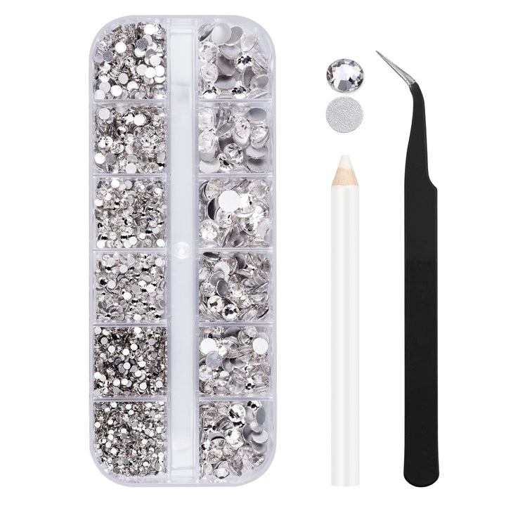 2000PCS Clear Rhinestones, Round Flat Back Gems Gemstones for Crafts Nails, Glass Diamonds with Tweezer and Wax Pencil for Acrylic Nails Face Eye Makeup Clothes Decoration( 6 Sizes, 1.5-6mm)